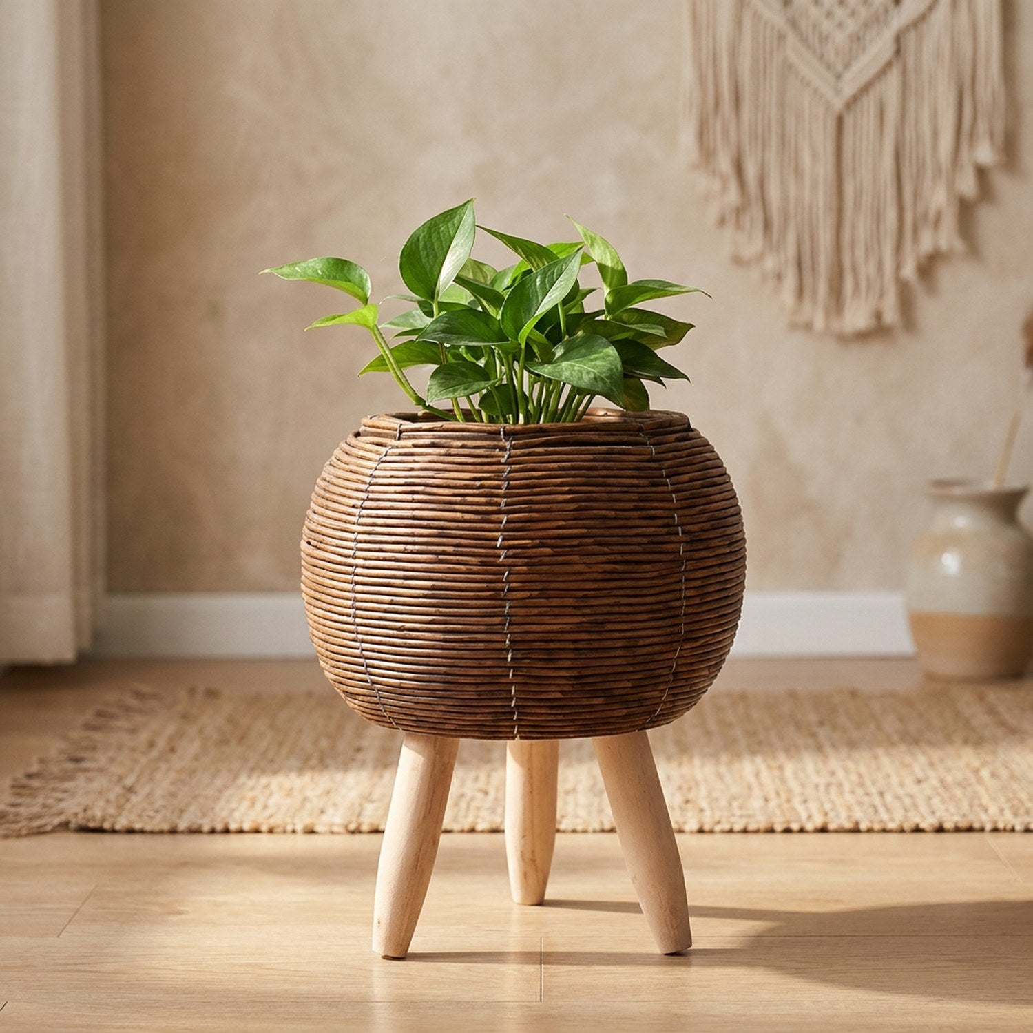 Cache-pot boule en rotin brun foncé sur pieds en bois avec plante verte