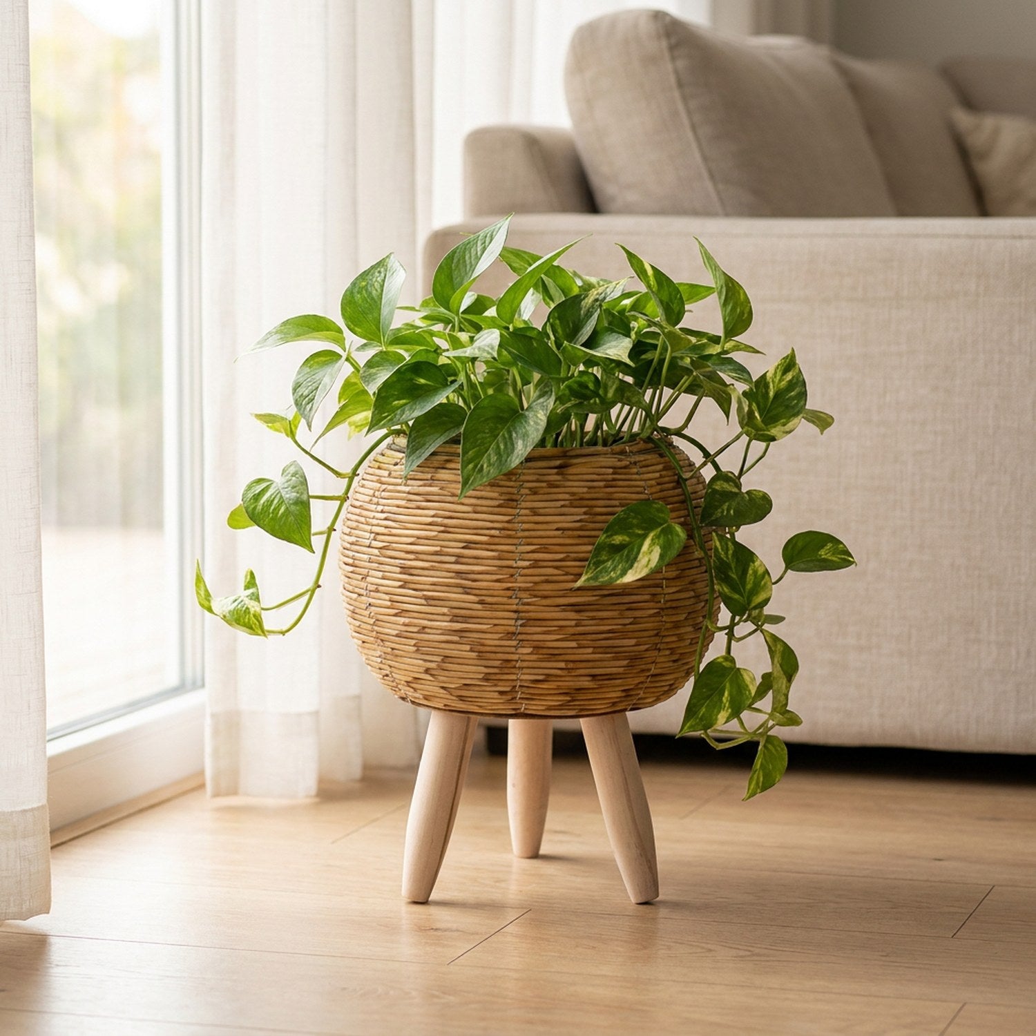 Cache-pot en rotin avec pothos retombant près d'une fenêtre