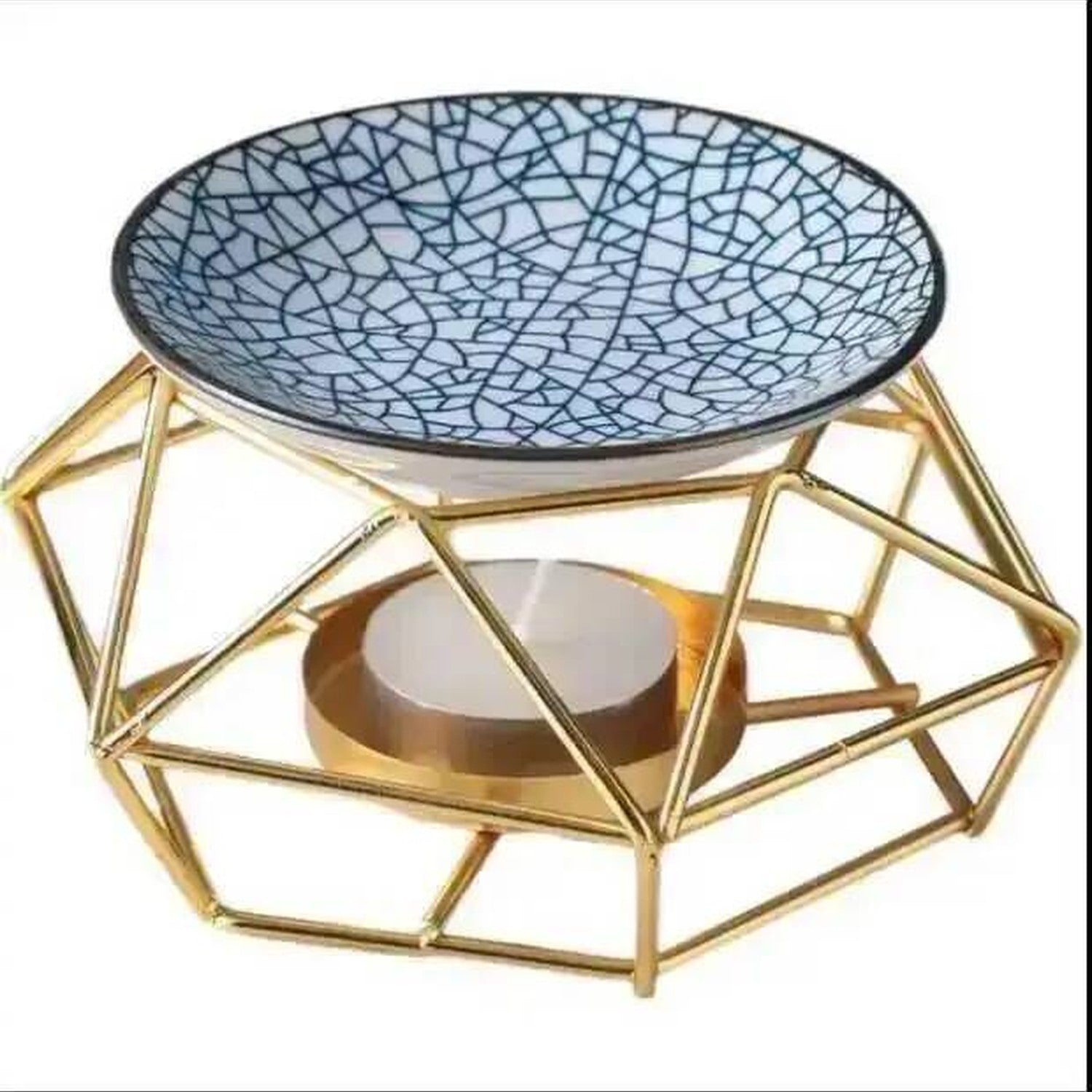 Brûle-parfum à bougie coupelle céramique à motif mosaïque sur cage géométrique dorée