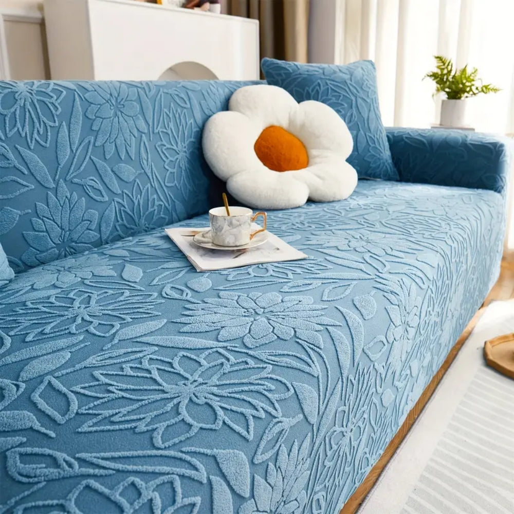 Housse de canapé jacquard camélia bleu