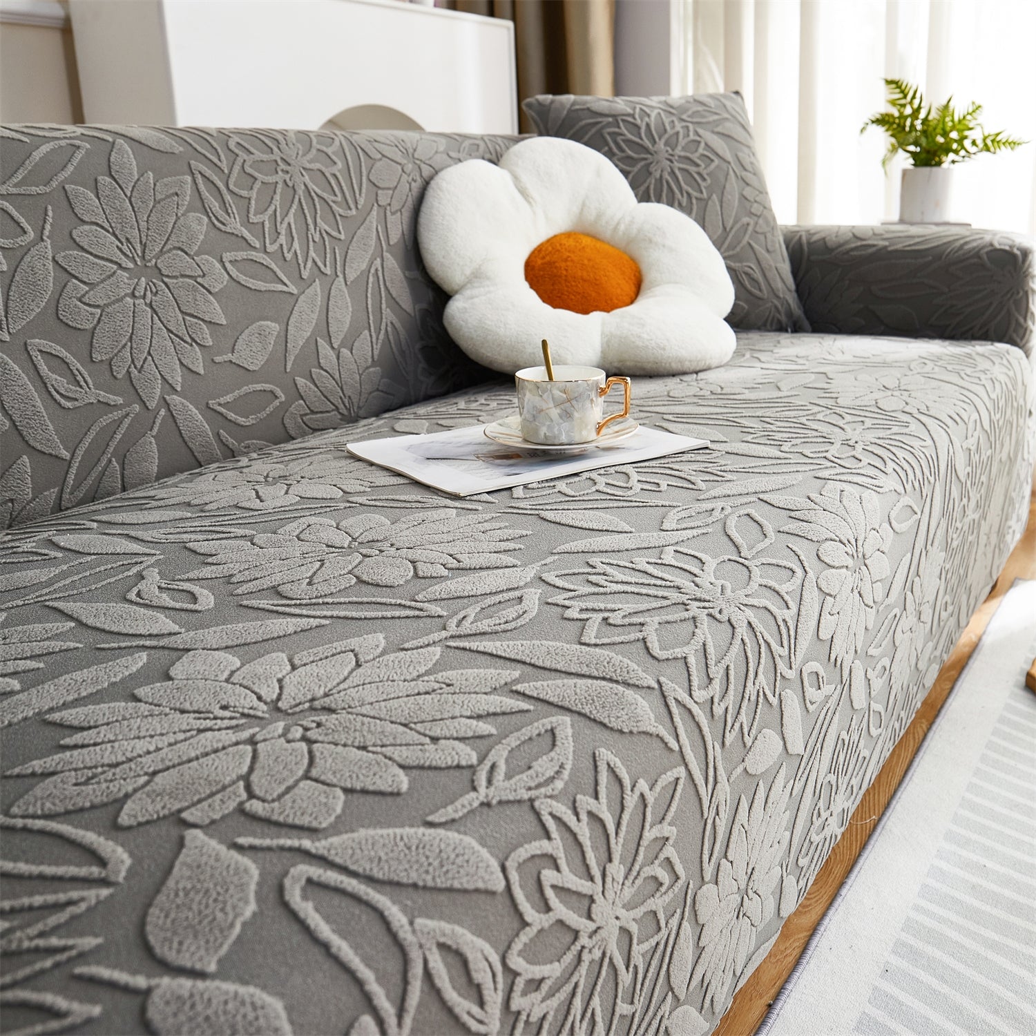 Housse de canapé jacquard camélia gris foncé