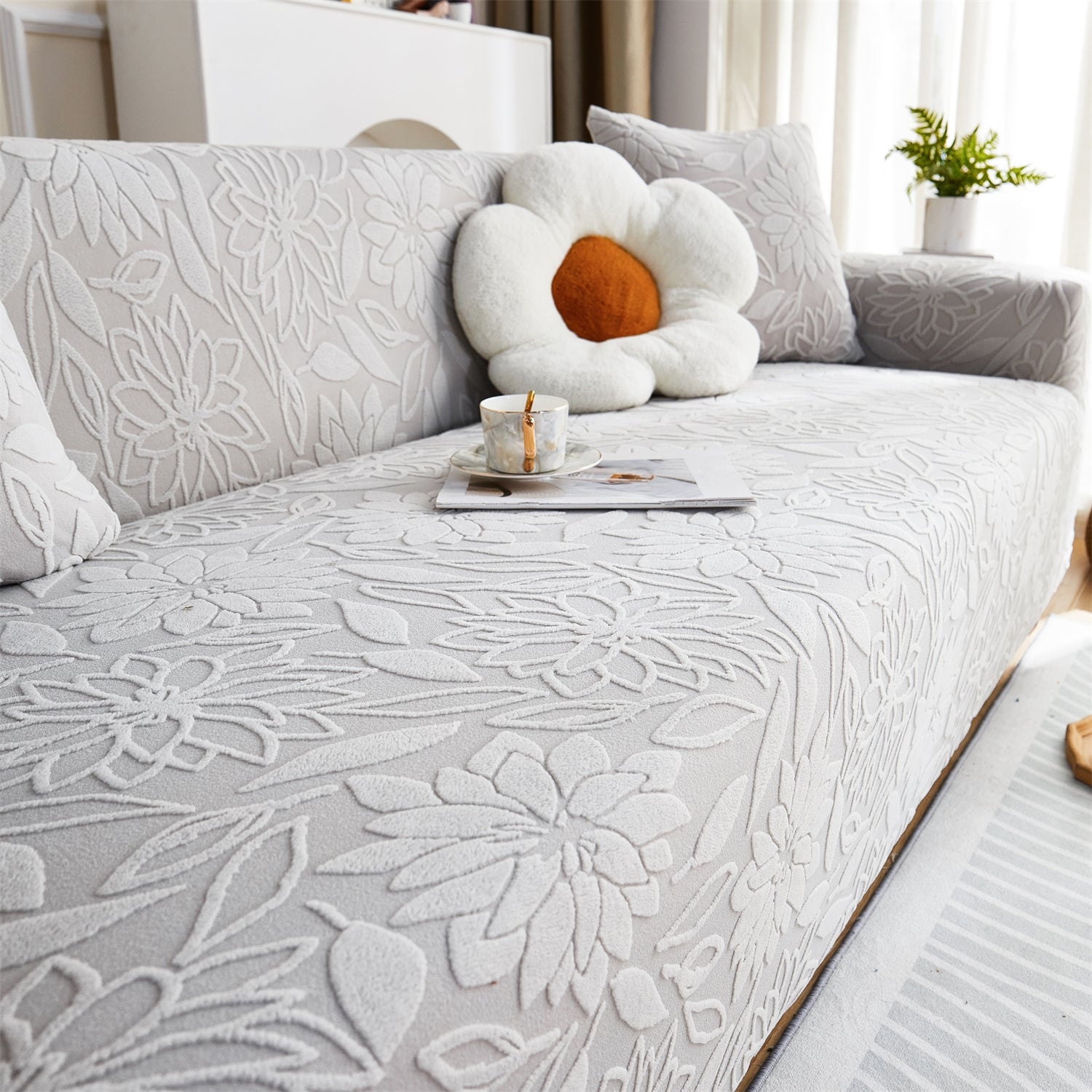 Housse de canapé jacquard camélia gris