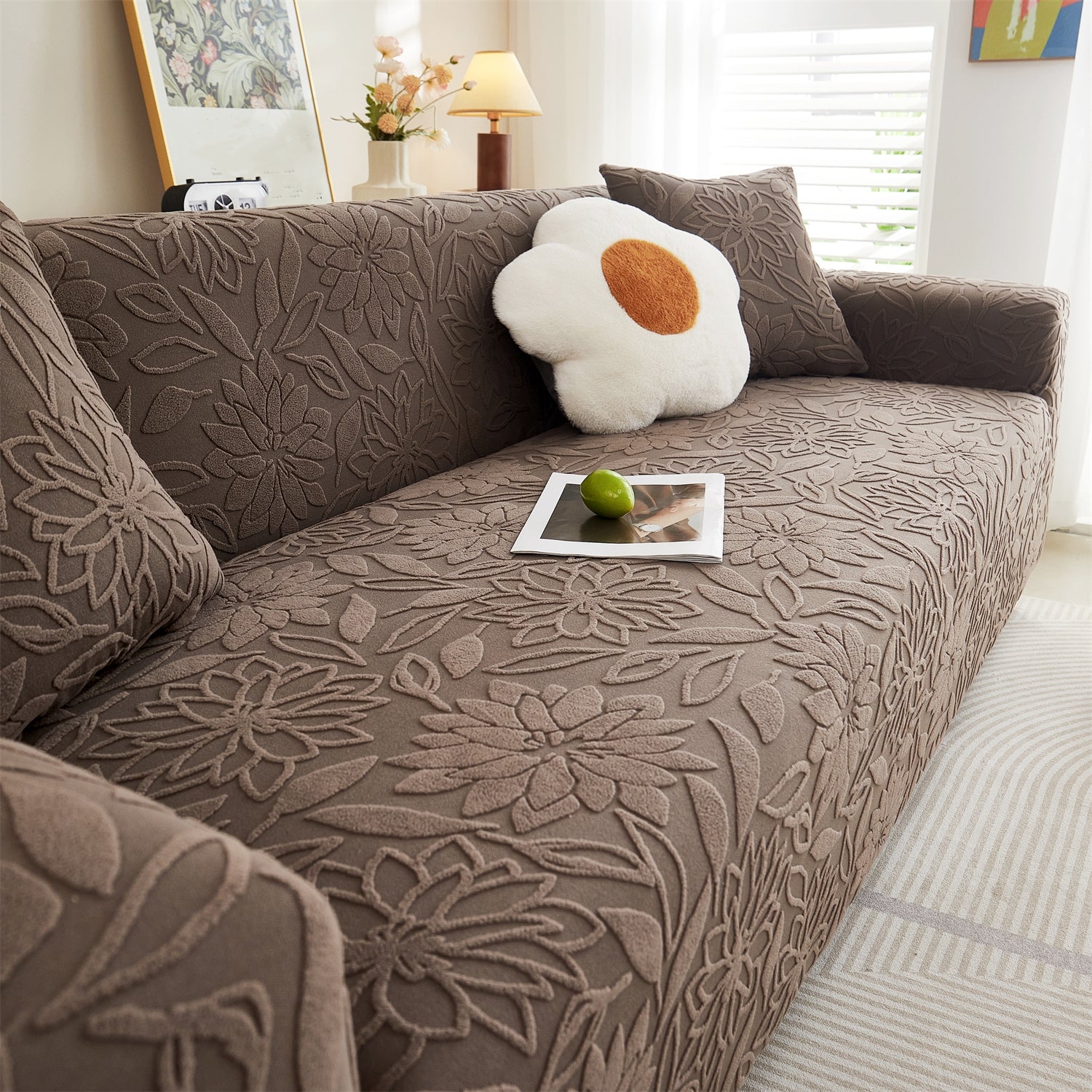 Housse de canapé jacquard camélia marron