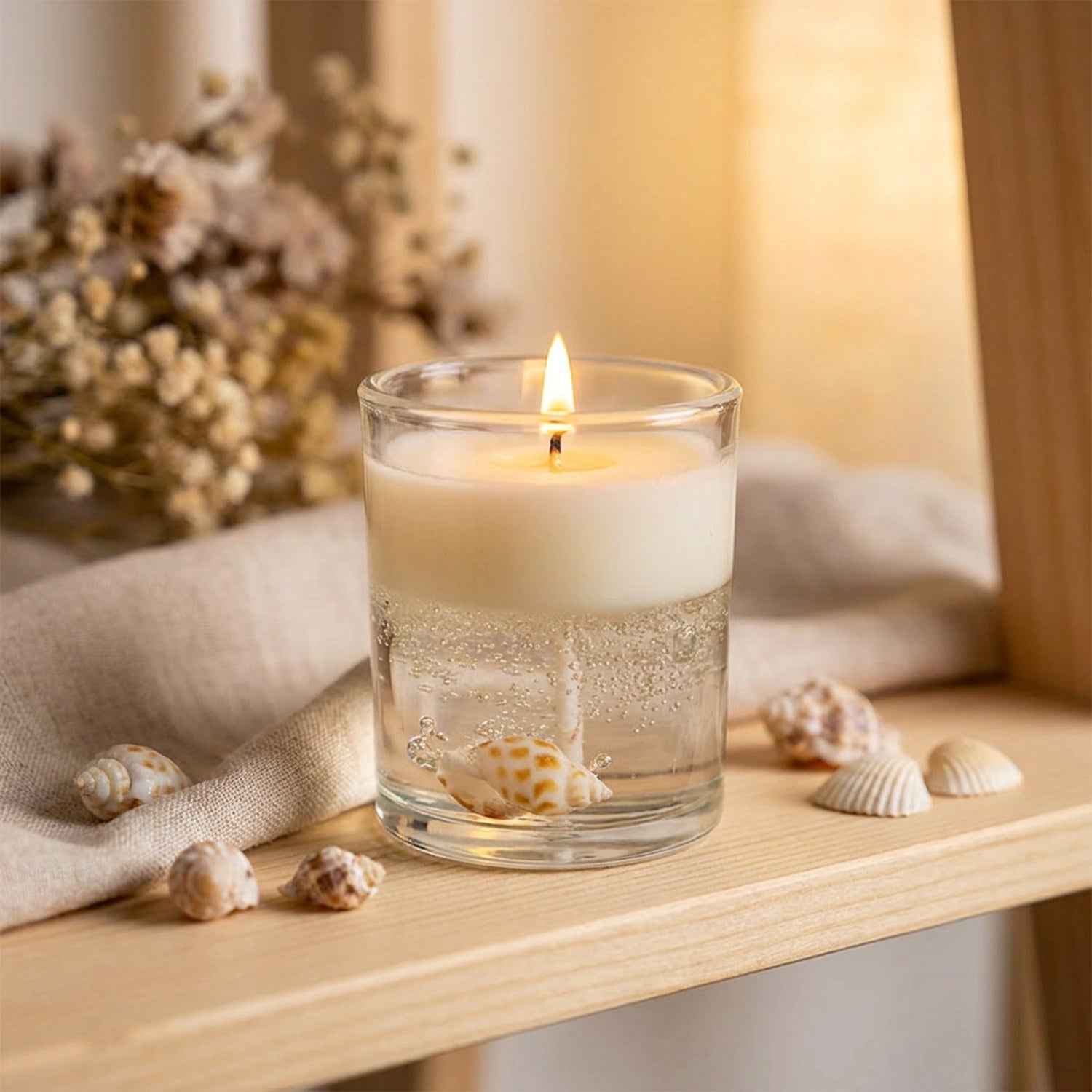 Bougie parfumée Camélia cire blanche et coquillage dans un verre transparent