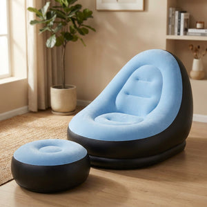 Canapé paresseux gonflable bleu ciel avec pouf assorti effet peluche