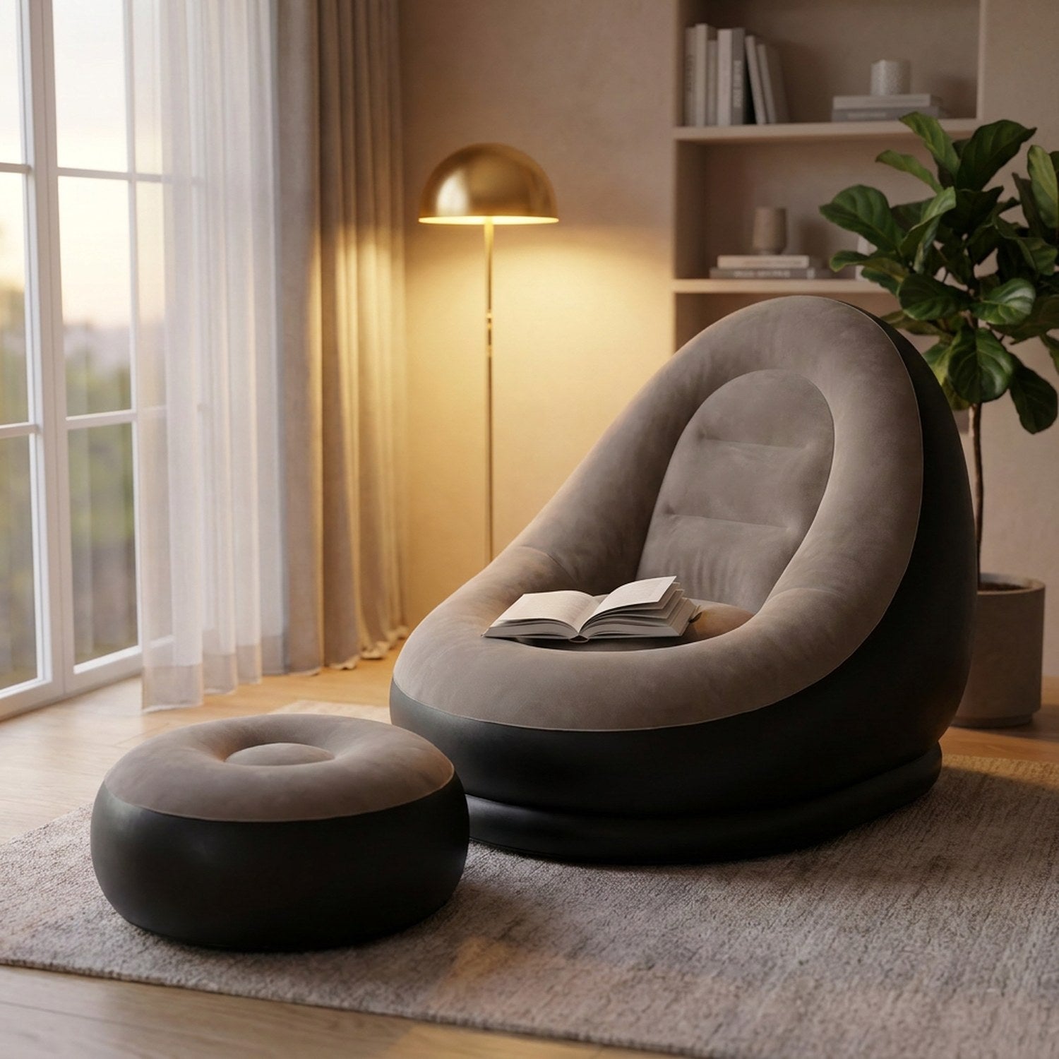 Canapé paresseux gonflable taupe dans un coin lecture cosy avec lampe