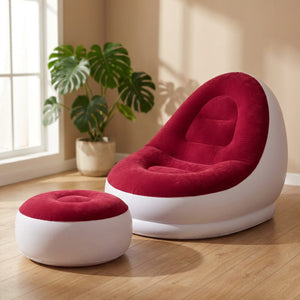 Canapé paresseux gonflable rouge avec pouf assorti effet peluche