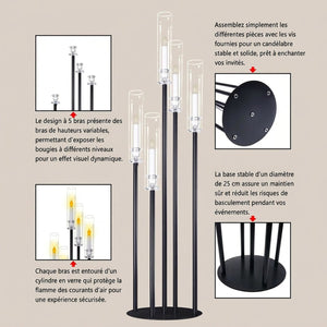 Infographie candélabre noir 5 bras, détails assemblage et base 25 cm de diamètre