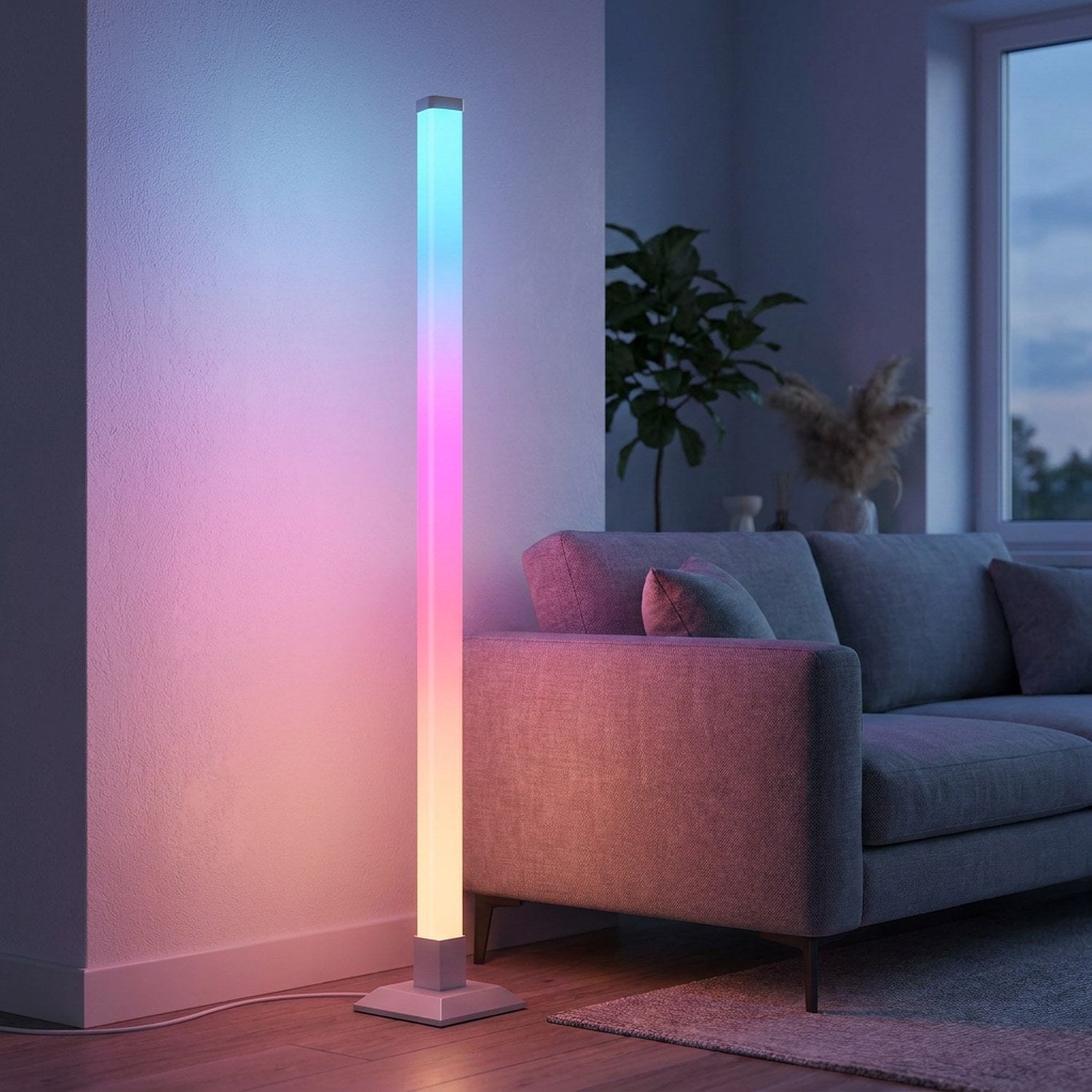 Lampadaire LED RGB modèle base carrée allumé dans un salon moderne