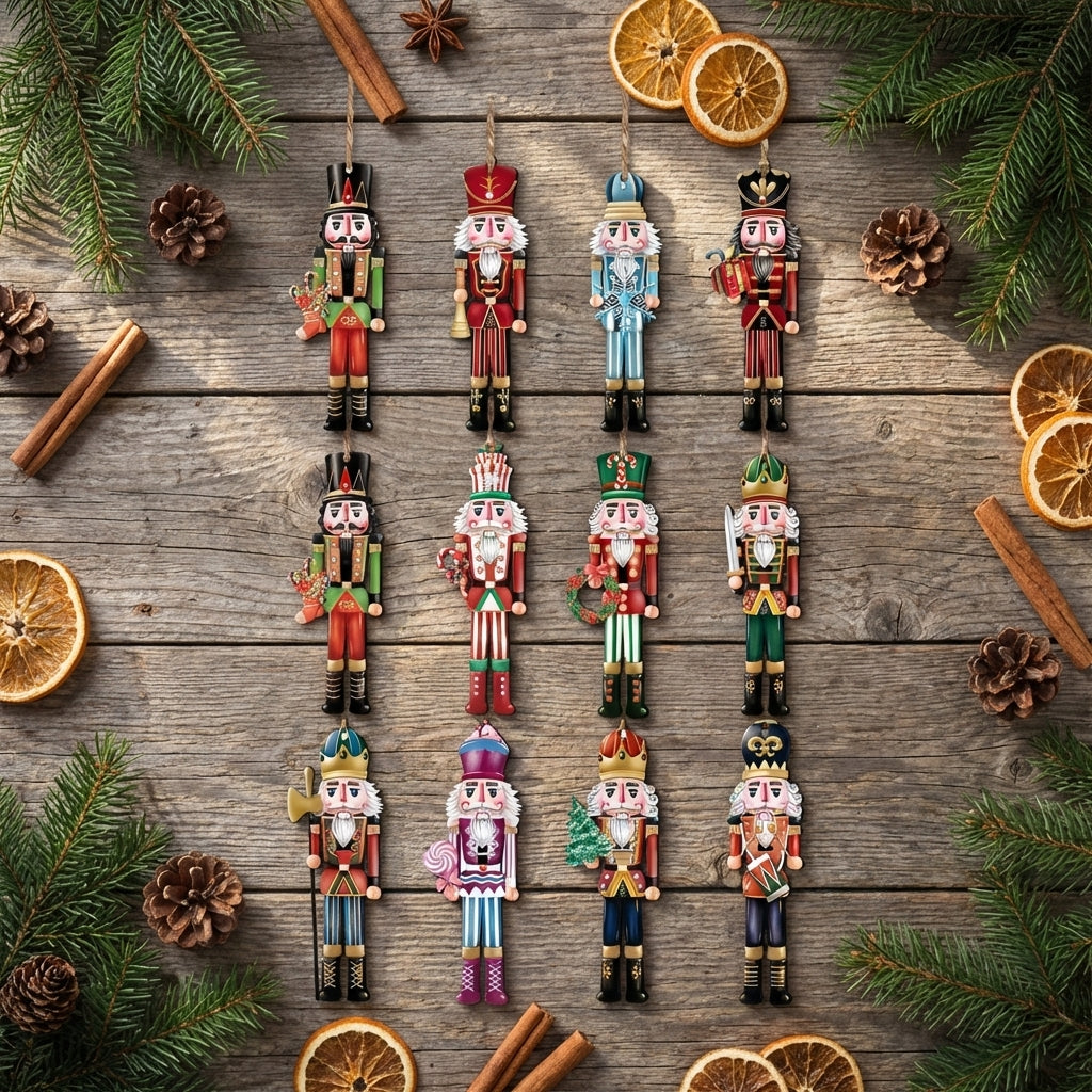 Les 12 casse-noisette en bois disposés sur table en bois avec branches de sapin et pommes de pin