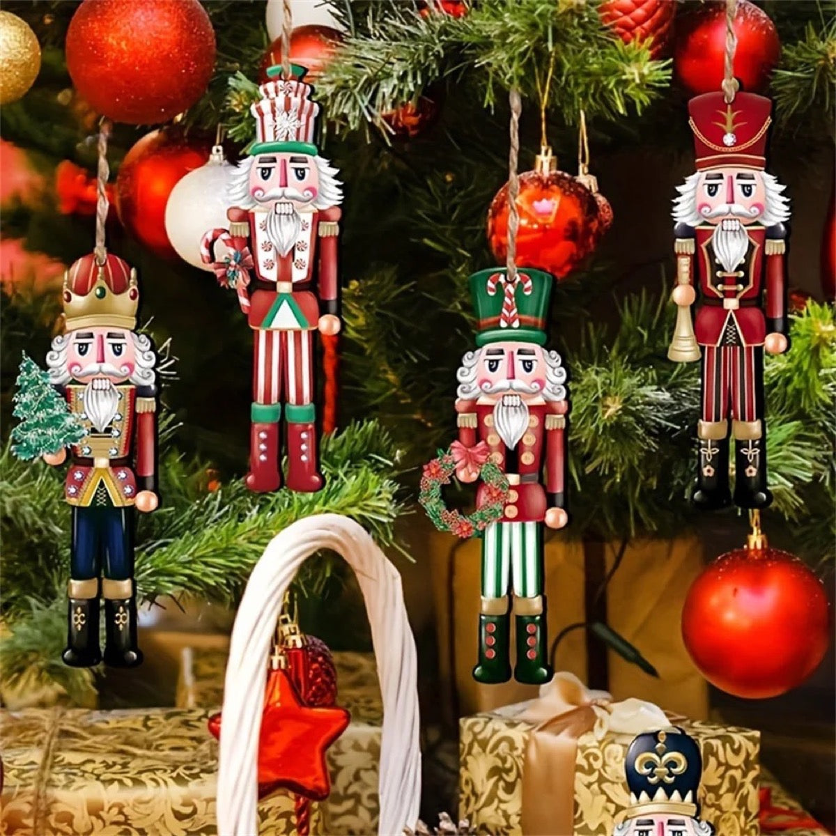 Casse-noisette en bois colorés suspendus sur un sapin de Noël décoré