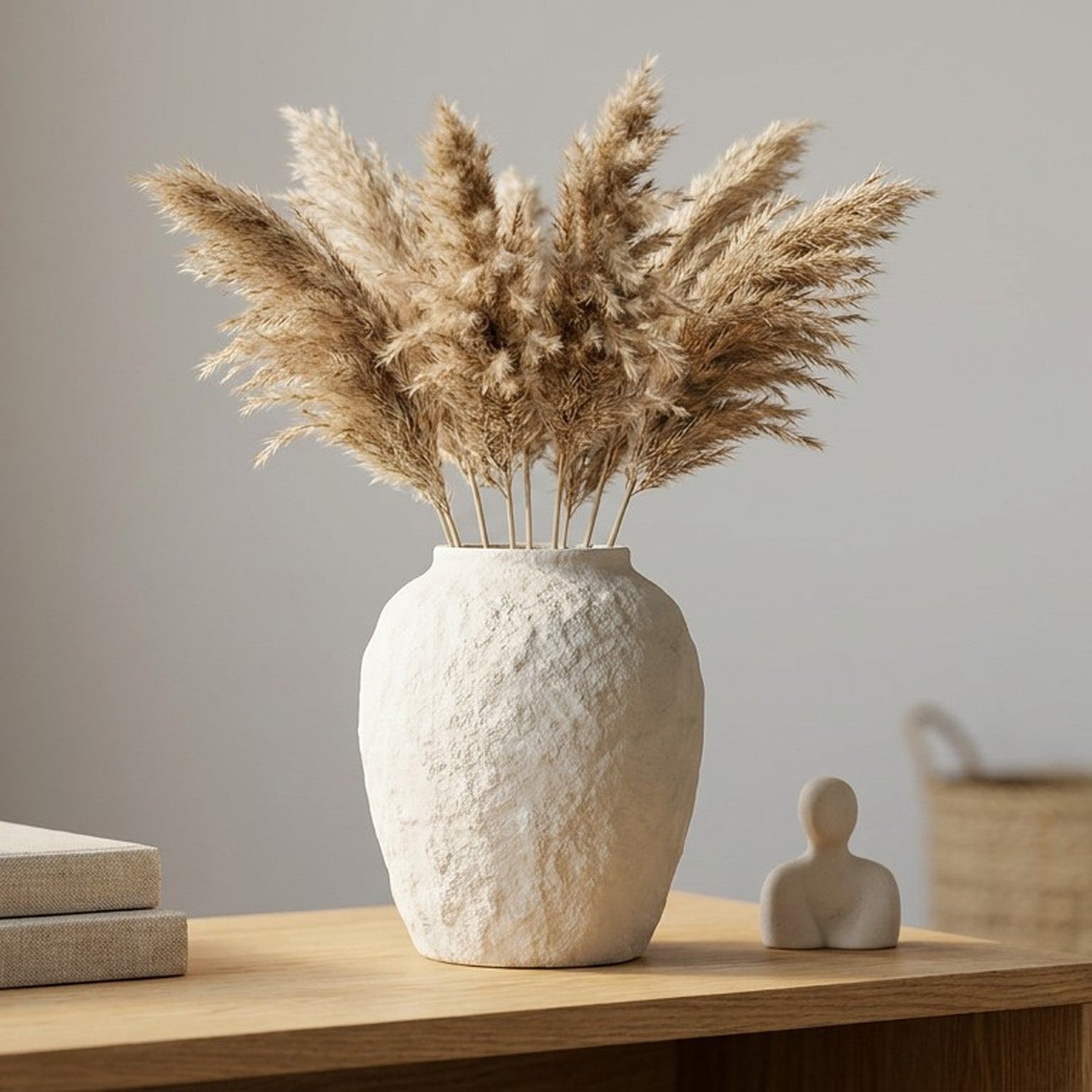 Vase céramique imitation pierre sur étagère bois avec pampa