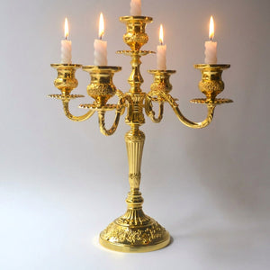 Chandelier bougeoir baroque doré 5 bras en métal avec bougies