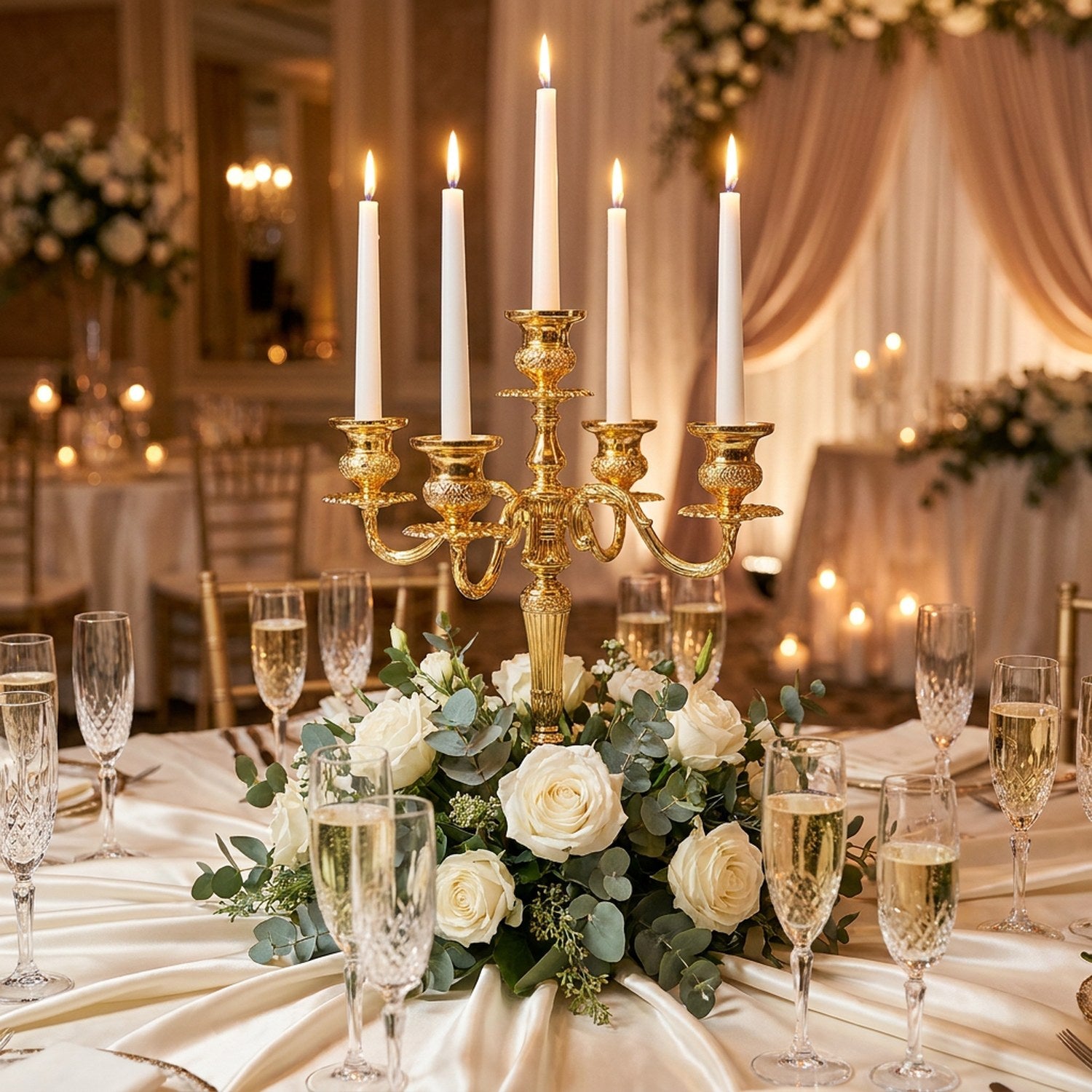 Chandelier doré baroque centre de table mariage avec roses blanches et champagne