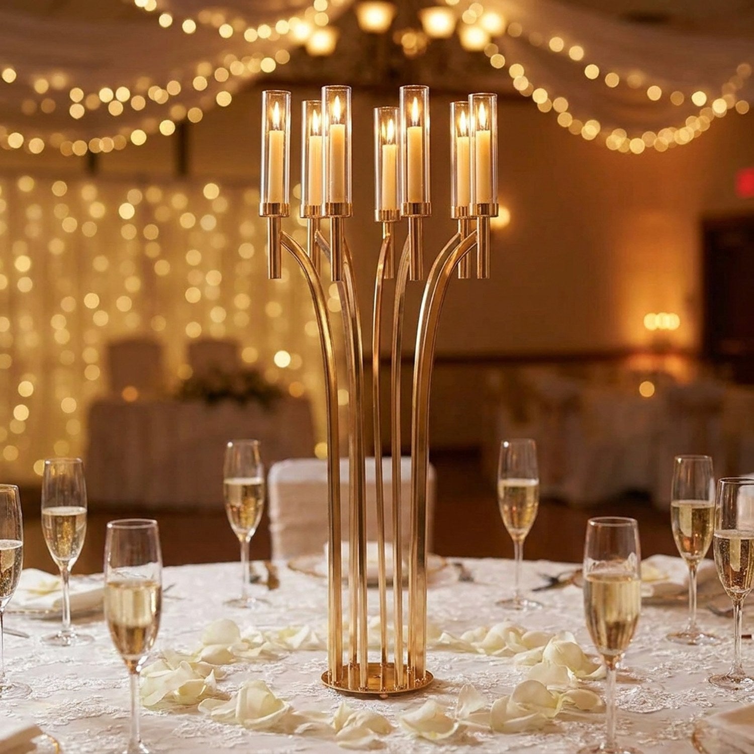 Chandelier de mariage 8 bras en métal doré 110cm pour centre de table