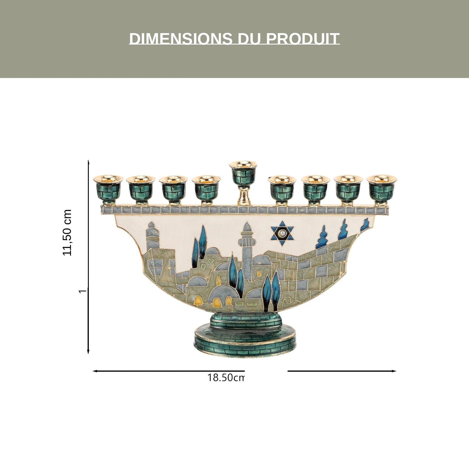 Dimensions du chandelier Menorah 12x18,5x4,7 cm