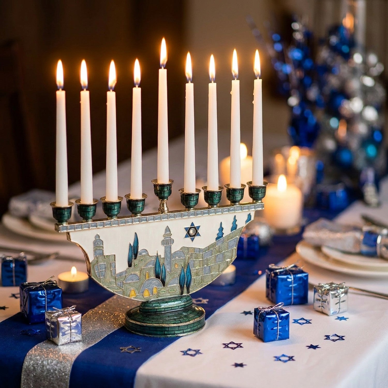 Chandelier Menorah Hanoukka table décorée étoile de David