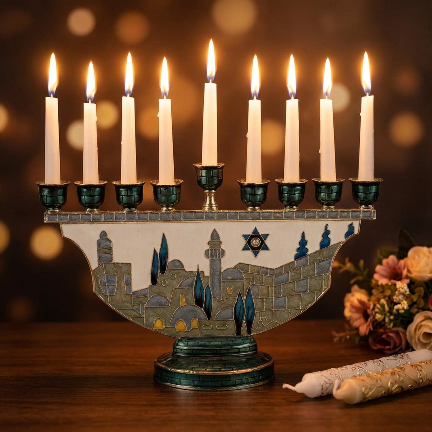 Chandelier Menorah bois sombre ambiance chaleureuse
