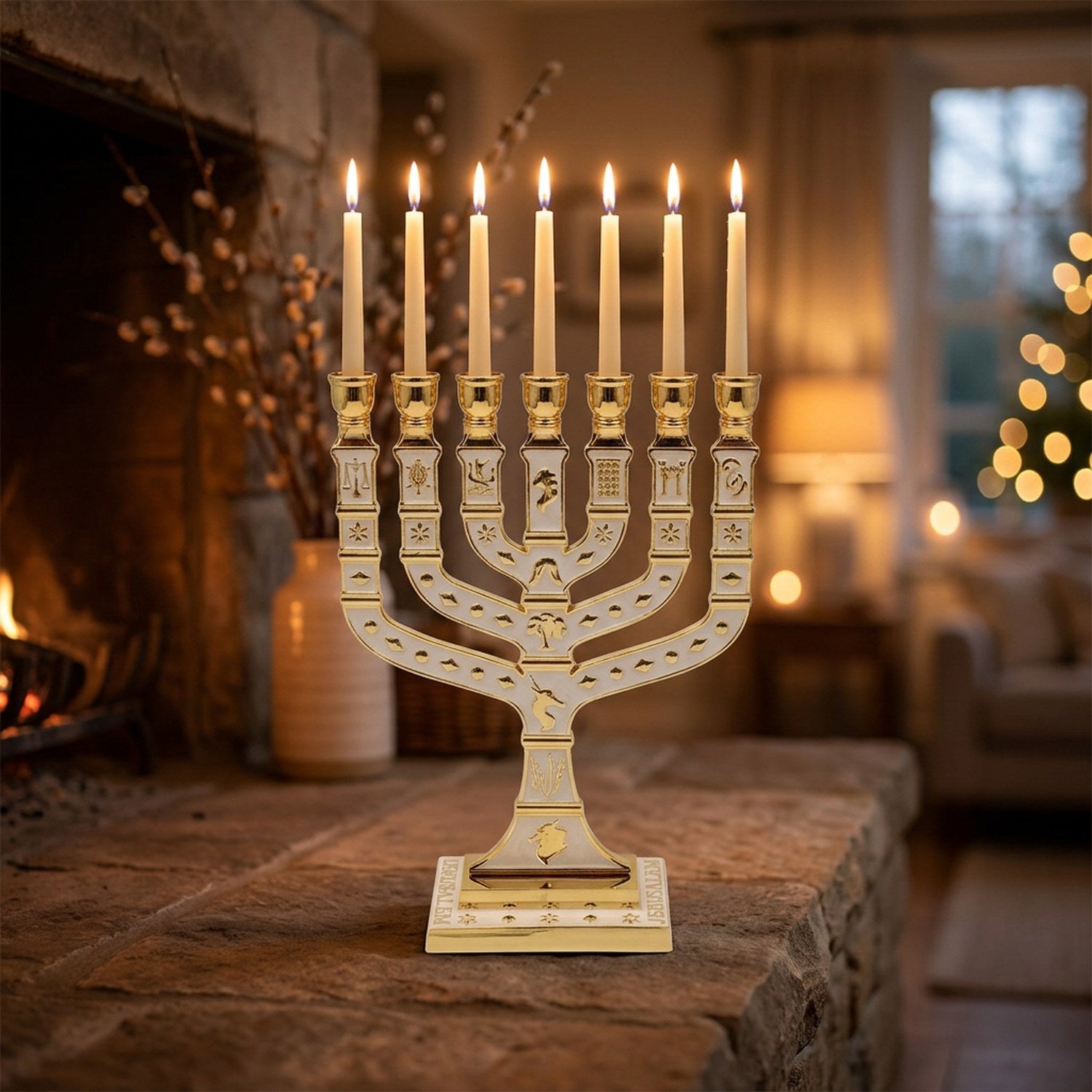 Chandelier menorah doré et blanc allumé sur une cheminée dans un salon chaleureux