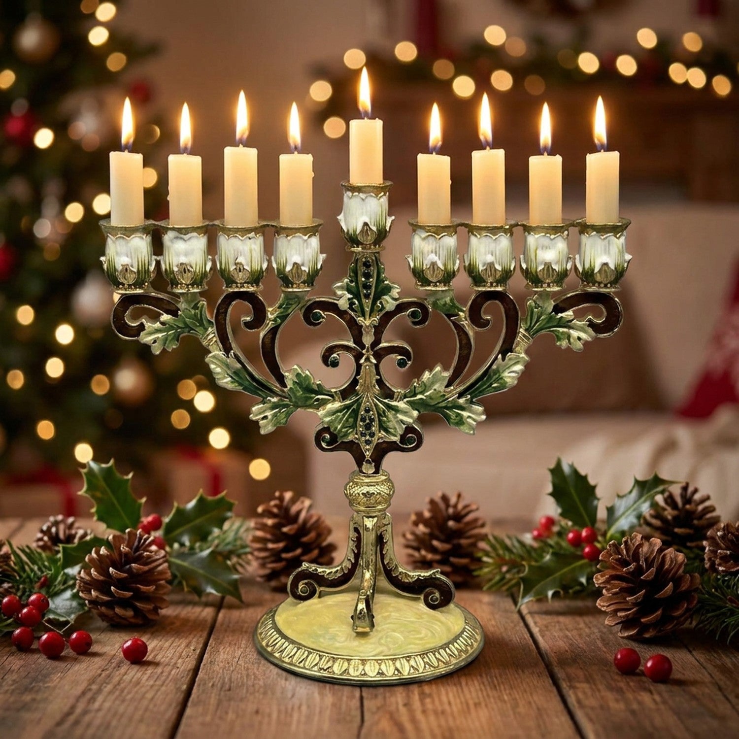 Chandelier en métal à 9 branches posé sur une table décorée avec des bougies piliers allumées