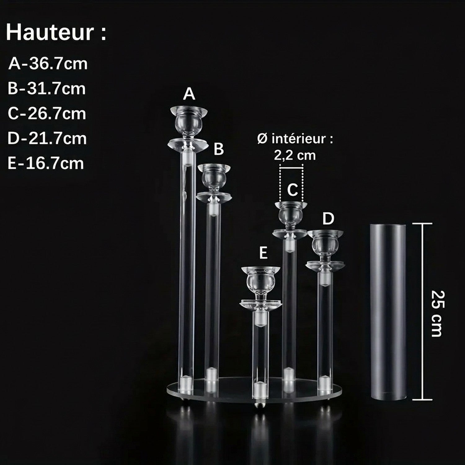 Schéma des dimensions du chandelier acrylique transparent 5 bras hauteurs de 16.7 à 36.7 cm