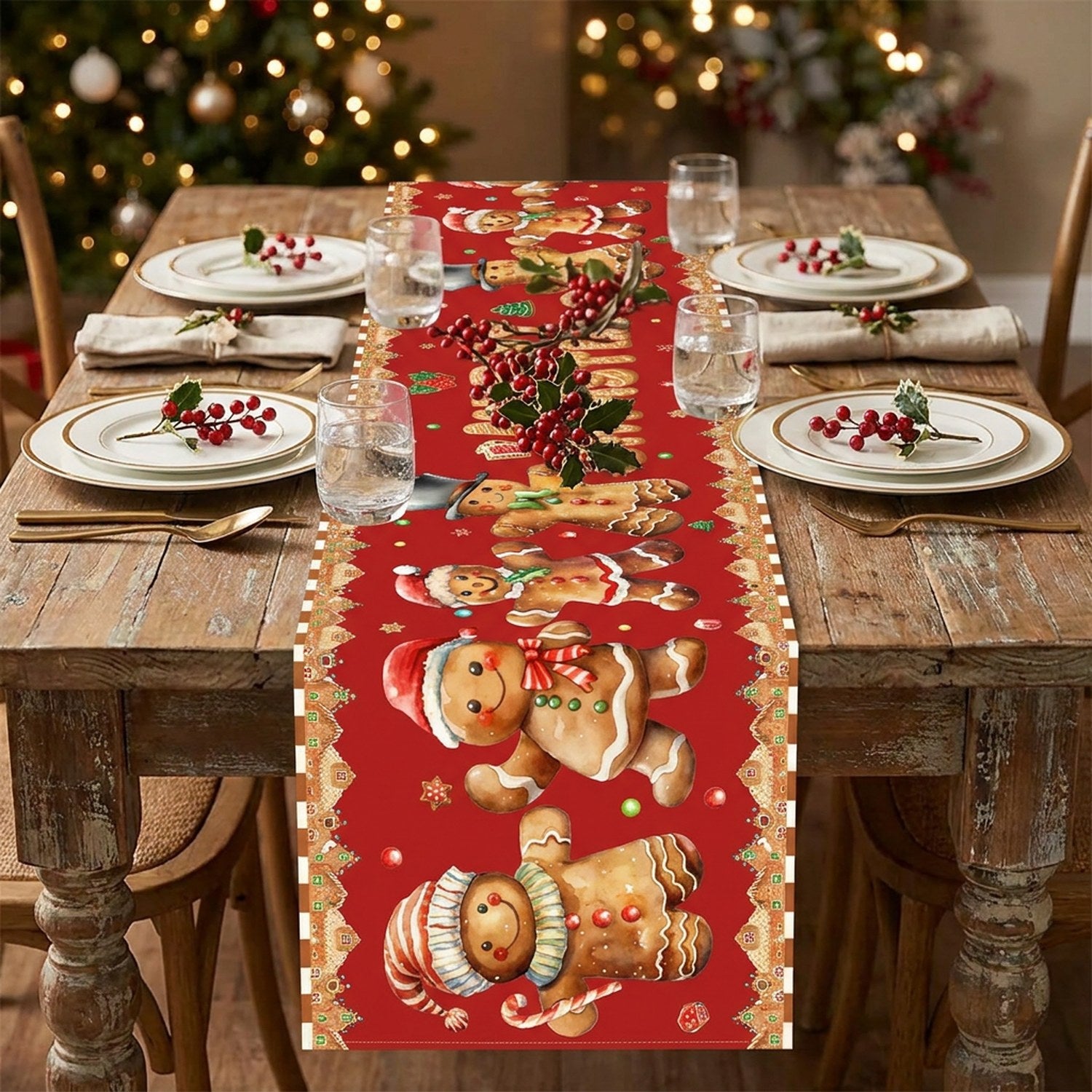 Décoration de table Noël chemin festif imprimé
