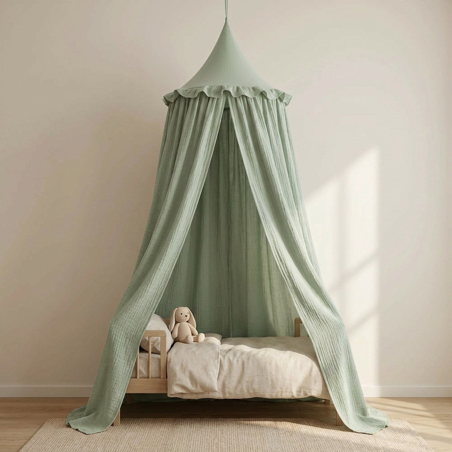 Ciel de lit en mousseline de coton vert sauge suspendu au-dessus d'un lit d'enfant
