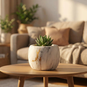 Pot de fleurs en céramique effet marbre sur une table basse avec une succulente