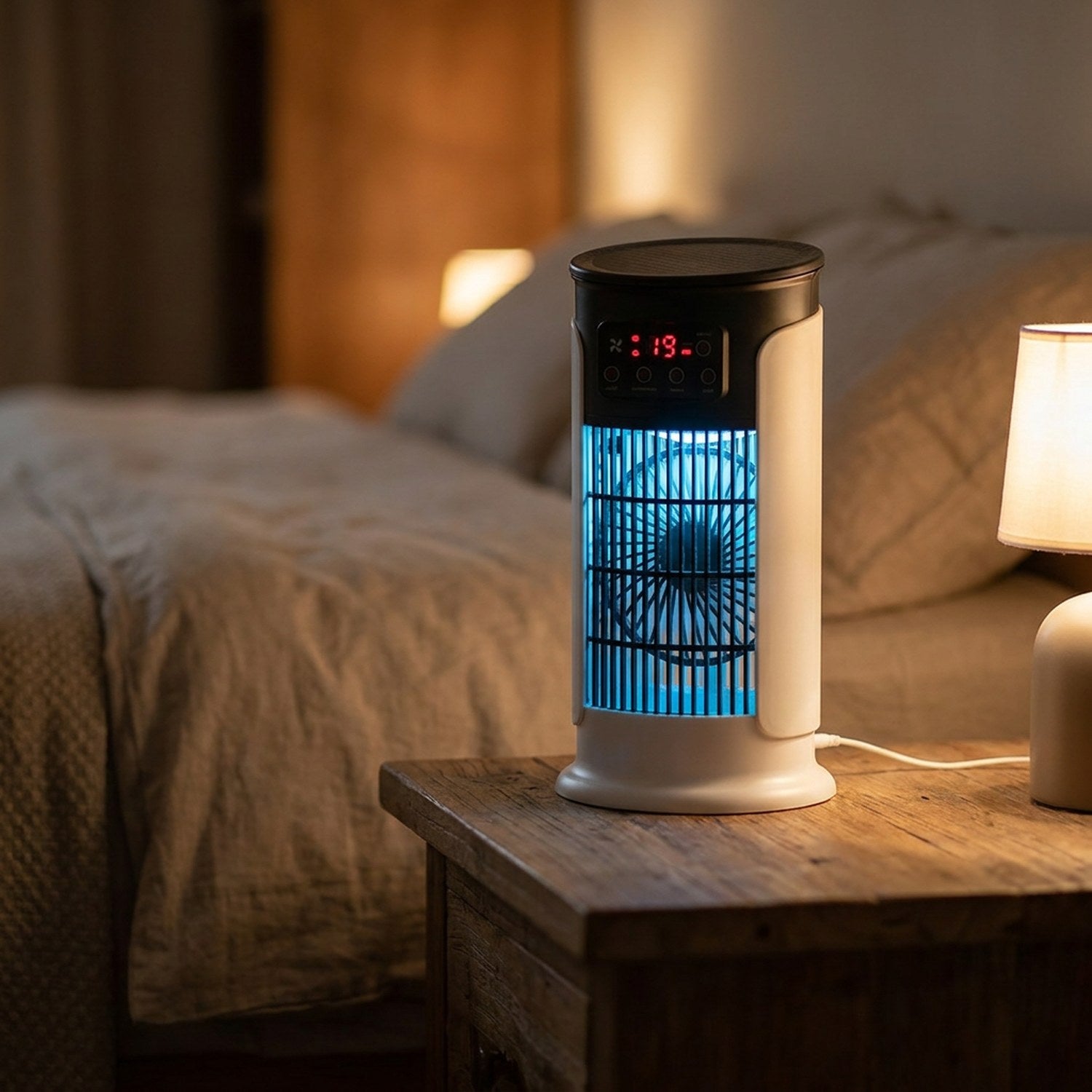Climatiseur ventilateur sur une table de chevet avec veilleuse LED bleue allumée le soir