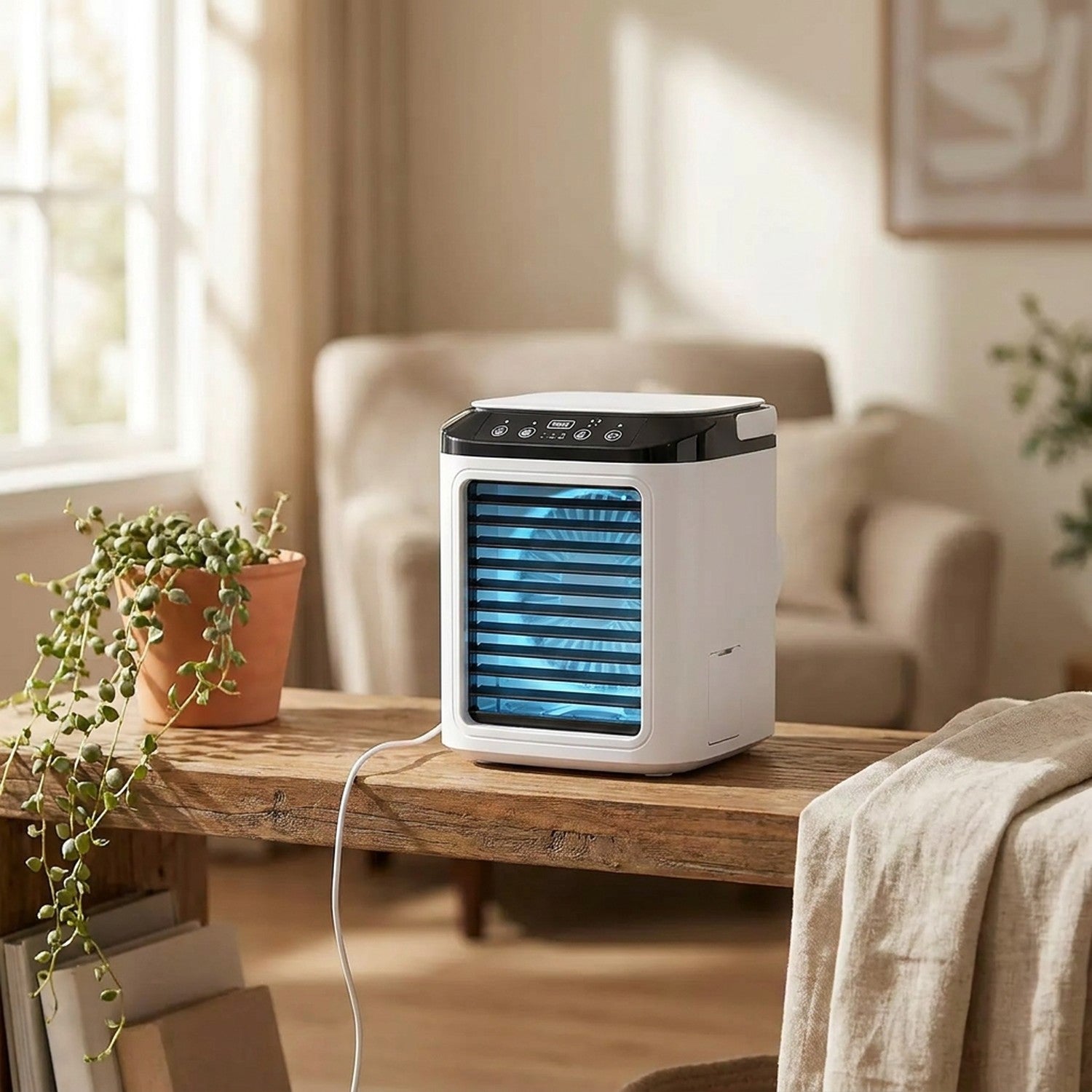 Climatiseur portable posé sur une console en bois dans un salon chaleureux