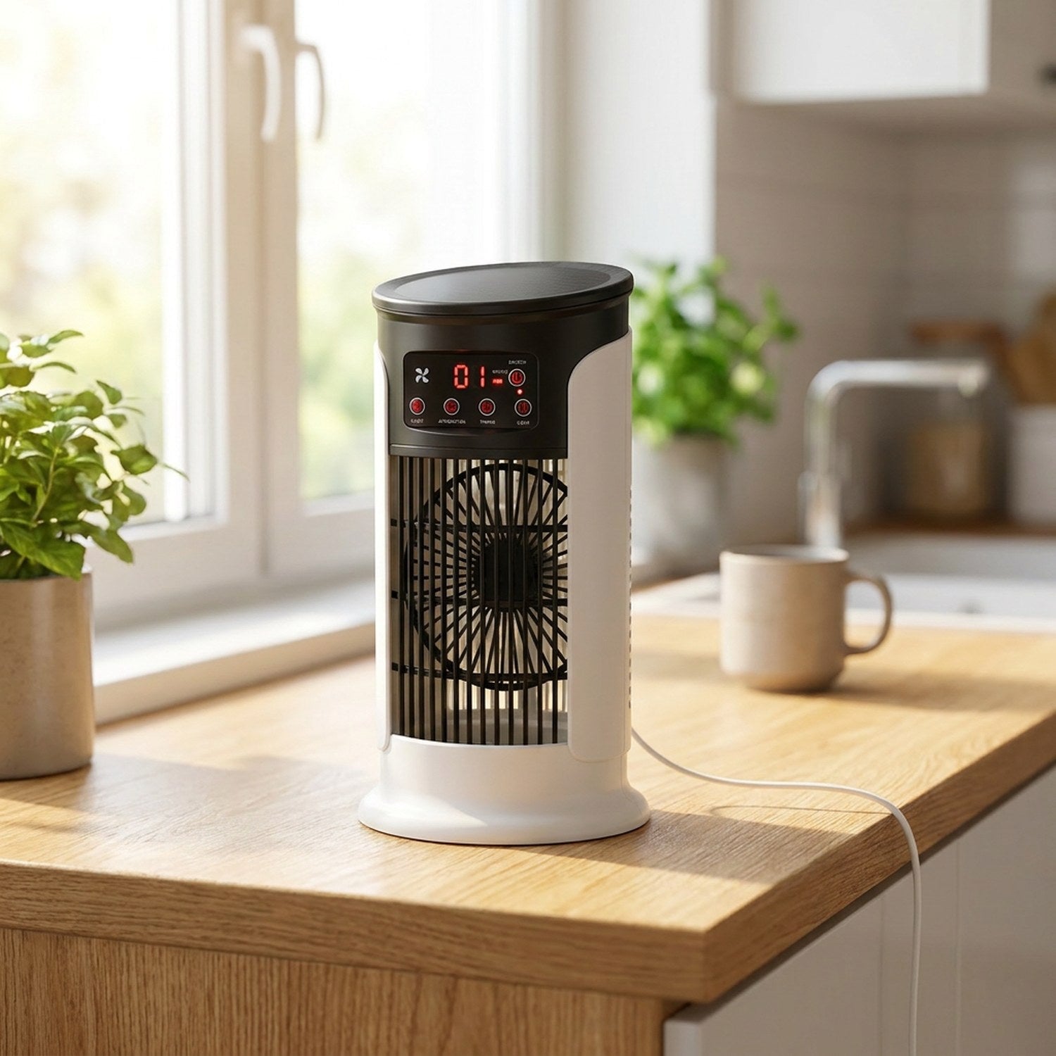 Climatiseur ventilateur 3 en 1 posé sur un plan de travail de cuisine ensoleillé