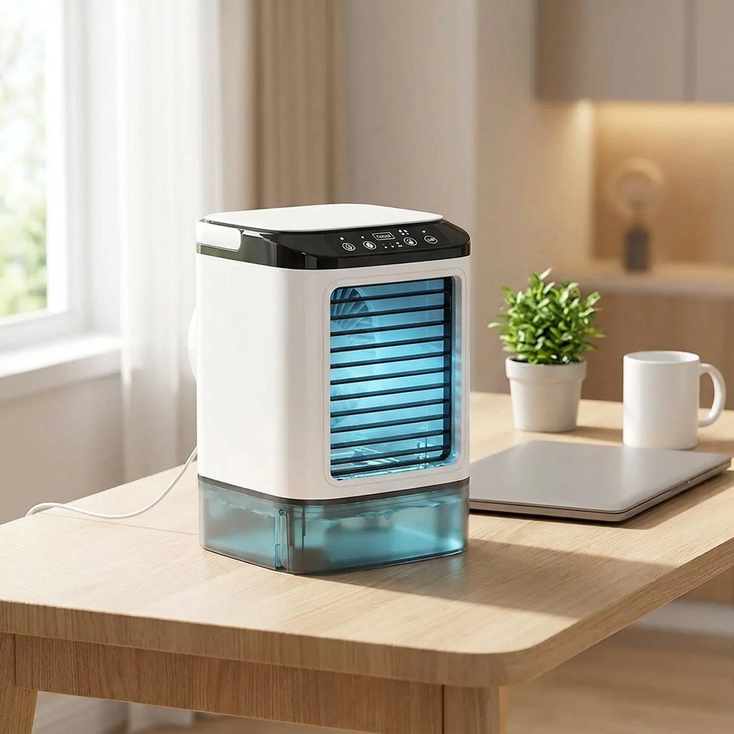 Climatiseur portable blanc avec façade éclairée en bleu posé sur un bureau lumineux