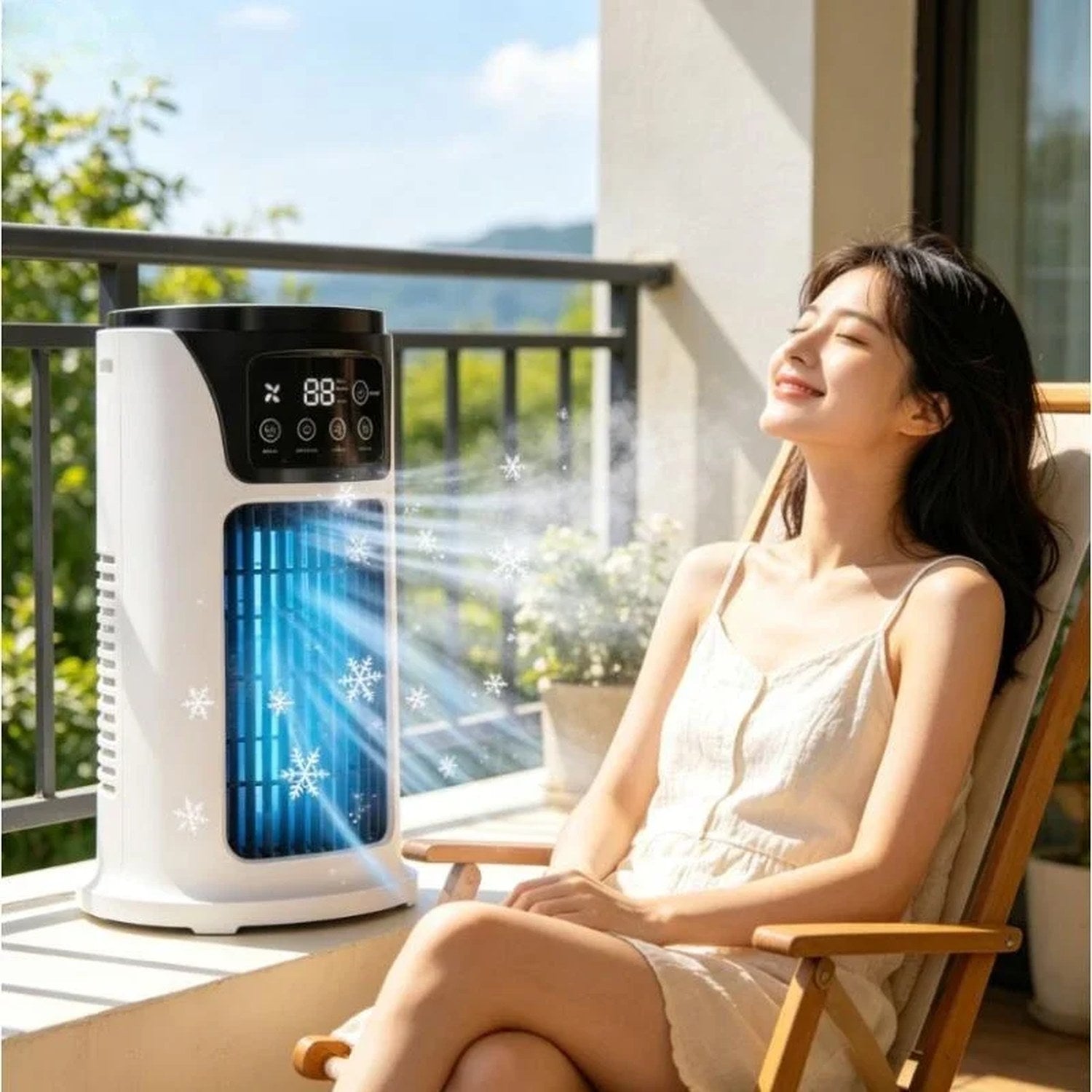 Femme se rafraichissant a cote du climatiseur ventilateur portable sur une terrasse