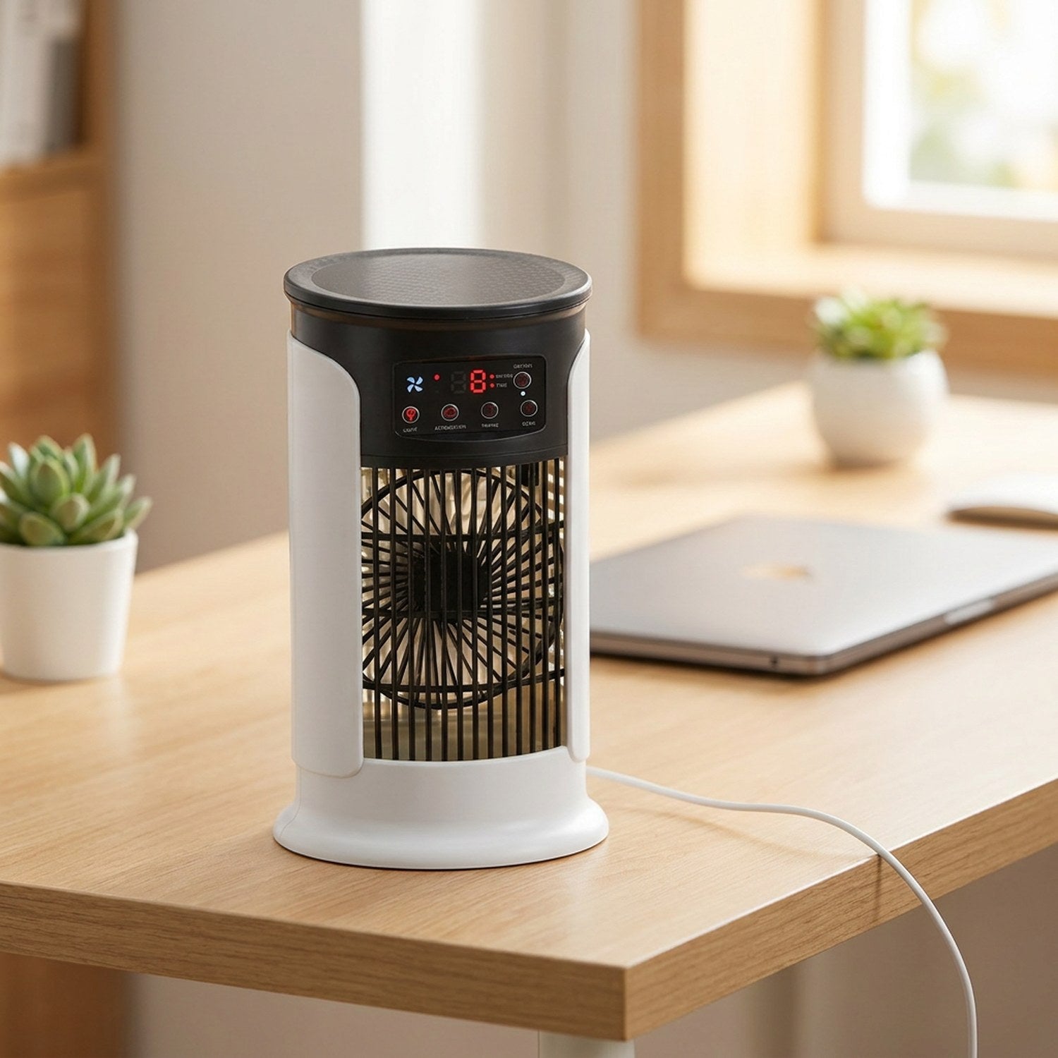 Climatiseur ventilateur portable blanc 3 en 1 posé sur un bureau avec brume rafraîchissante