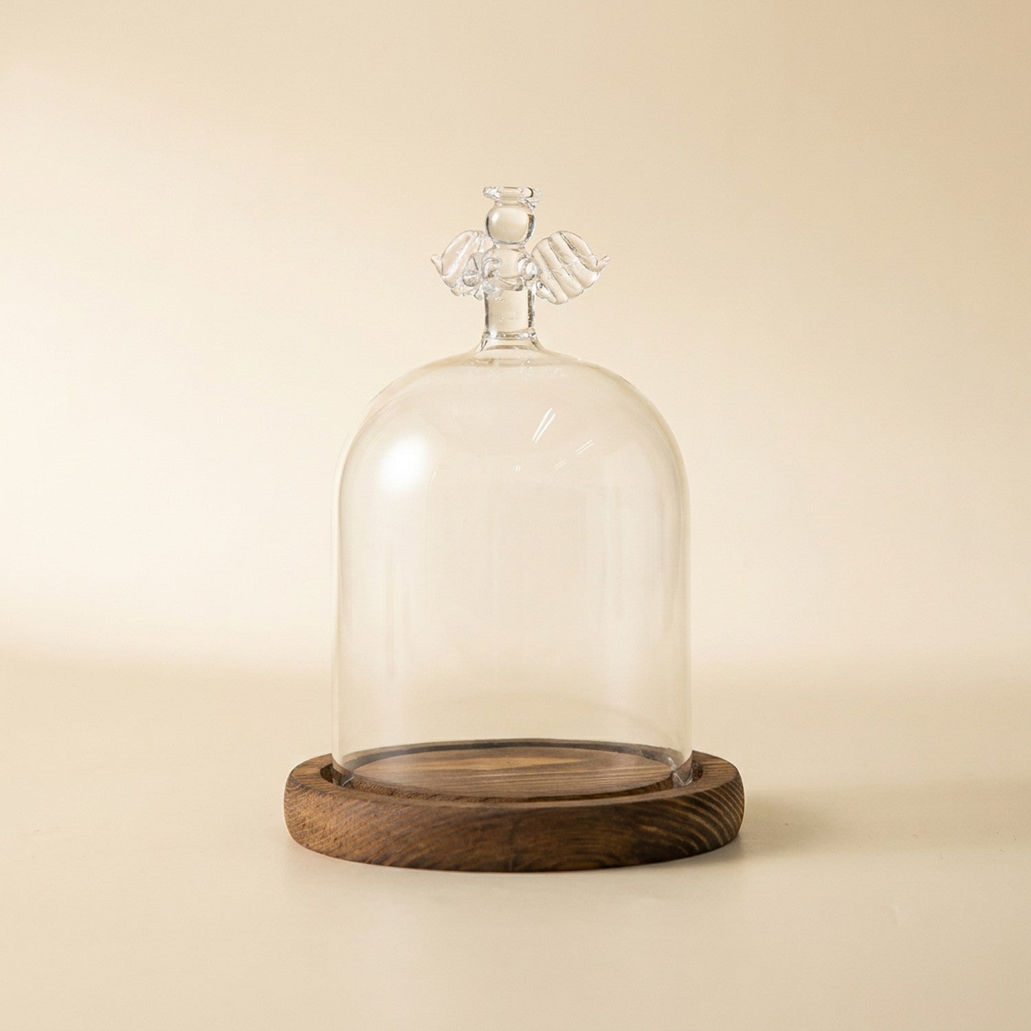 Cloche verre silhouette ange base bois