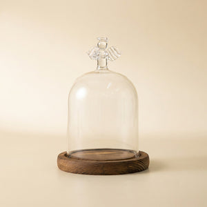 Cloche verre silhouette ange base bois