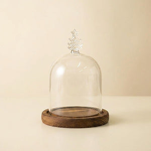 Cloche verre silhouette sapin de Noël base bois