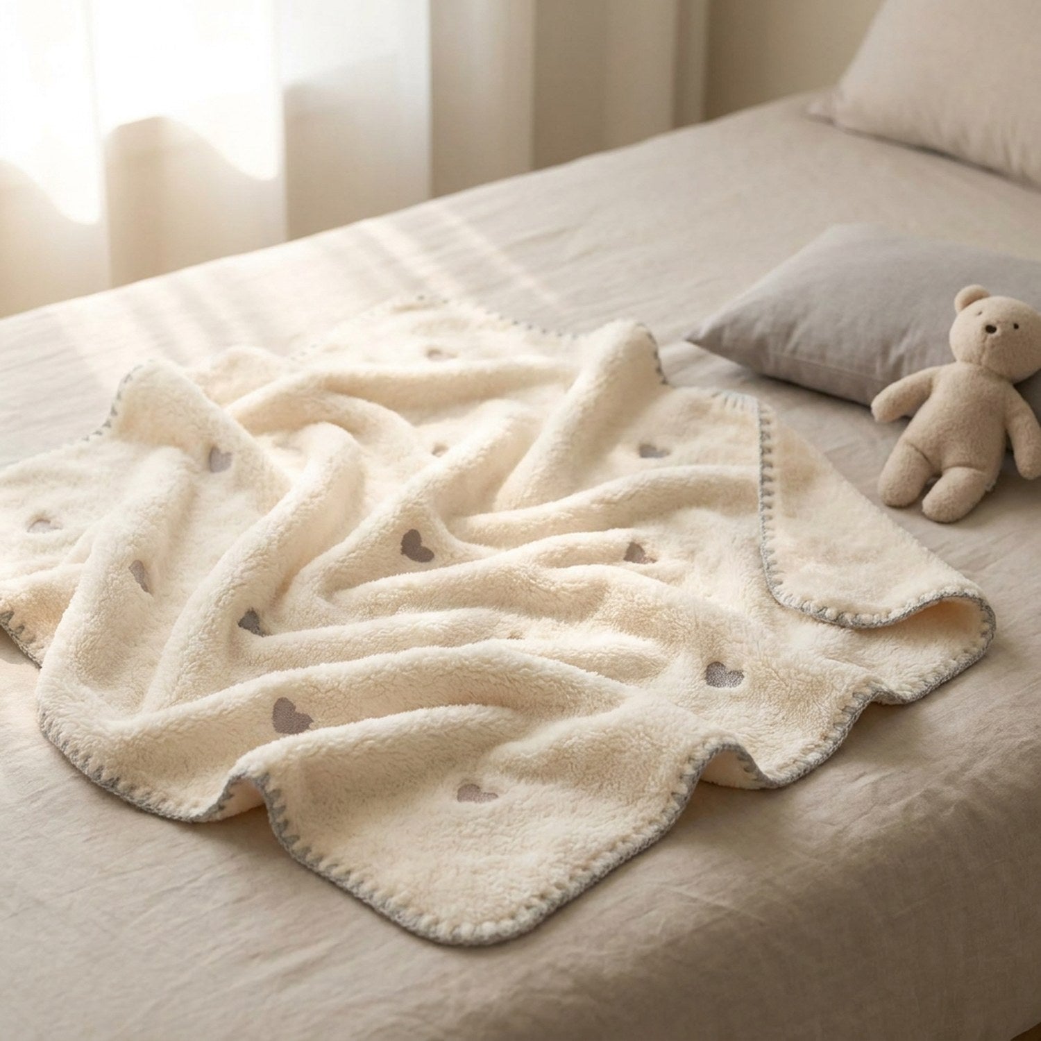 Couverture bébé flanelle crème à petits cœurs gris brodés