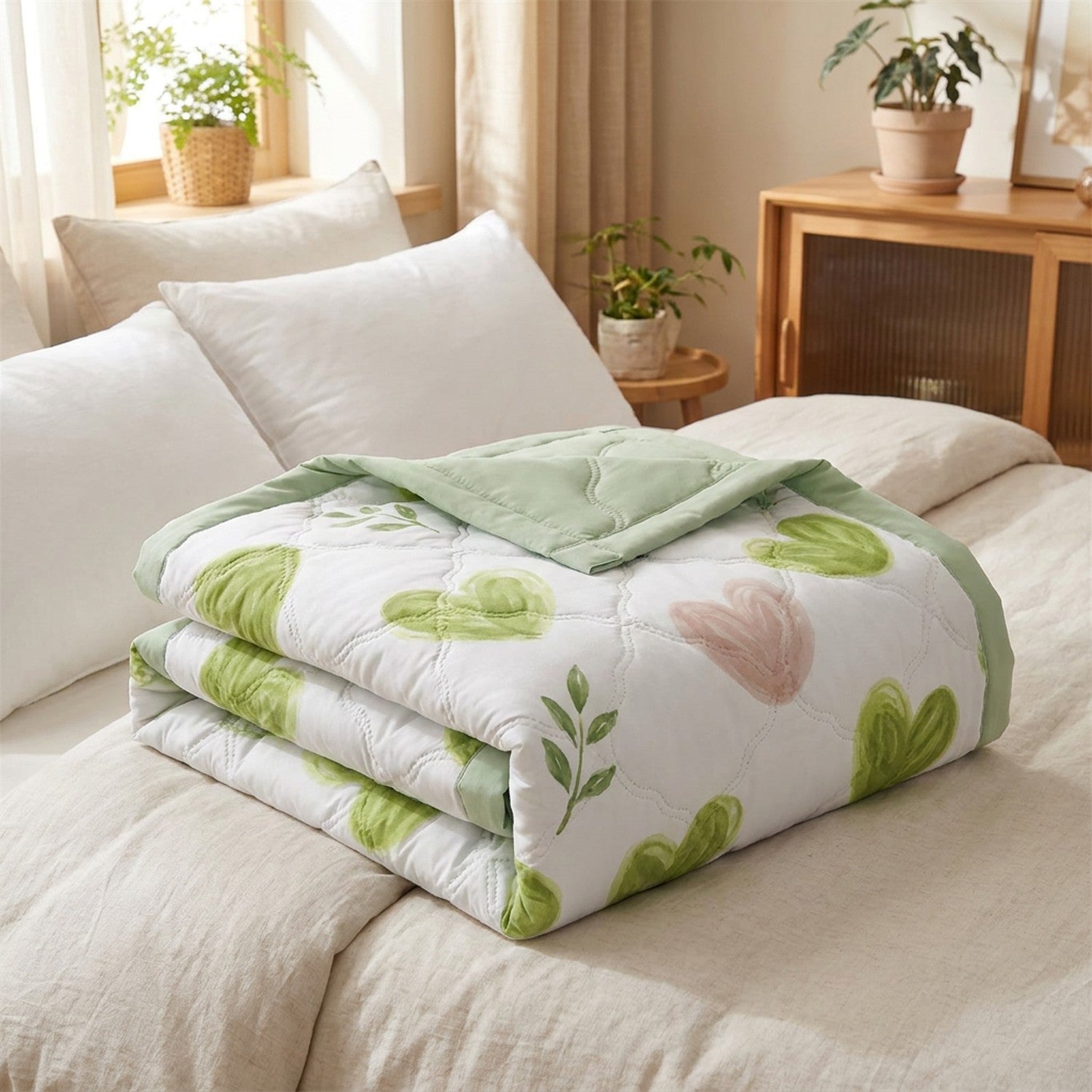 Couvre-lit matelassé d'été motif cœurs verts plié sur un lit