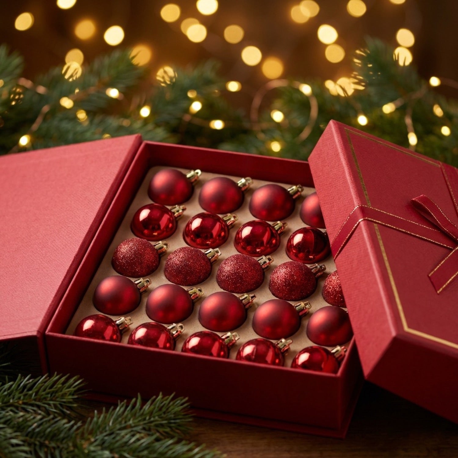 Coffret de 24 mini boules de Noël rouges 3cm finitions assorties