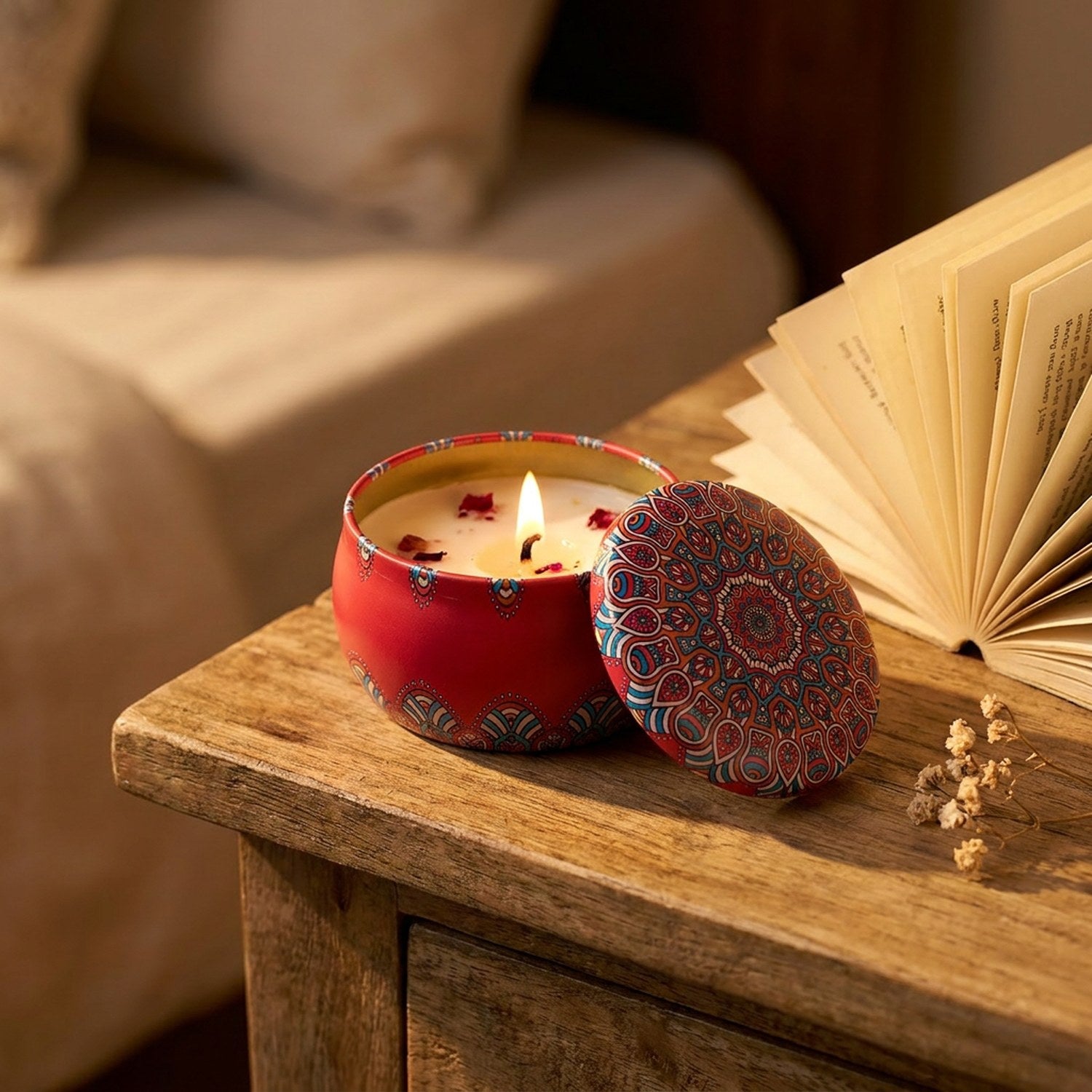 Bougie parfumée en boîte métallique mandala allumée sur une table de chevet
