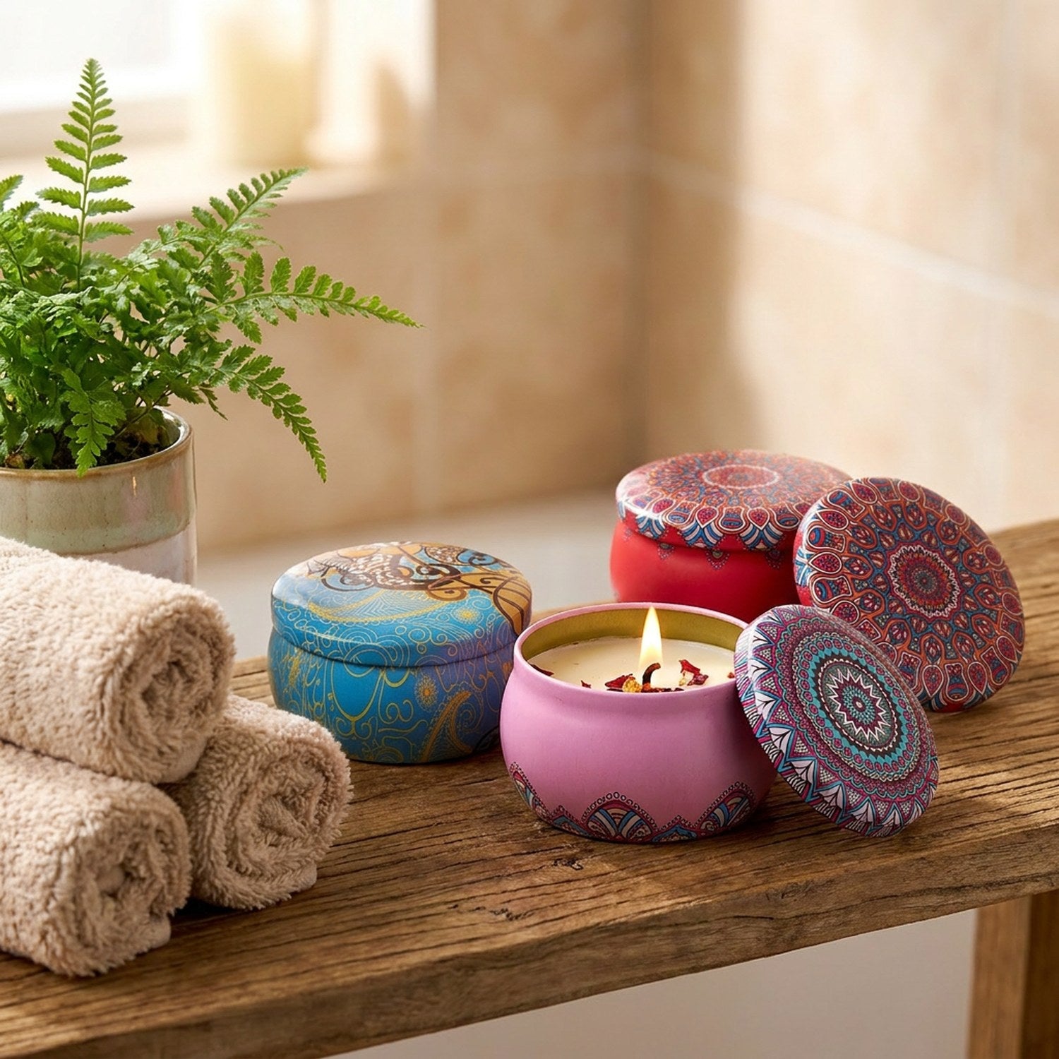 Bougies parfumées mandala sur une étagère de salle de bain avec serviettes