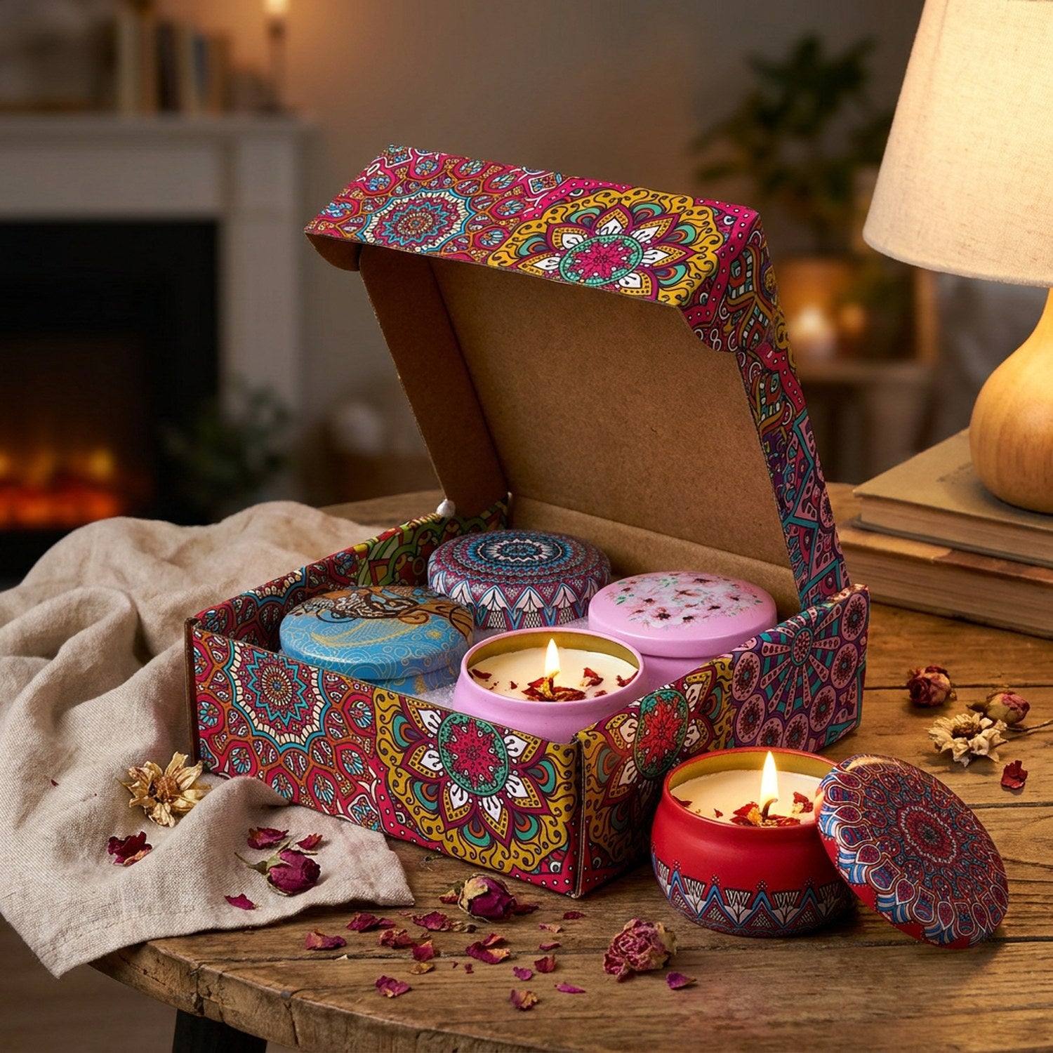 Coffret de bougies parfumées mandala allumées sur une table de salon