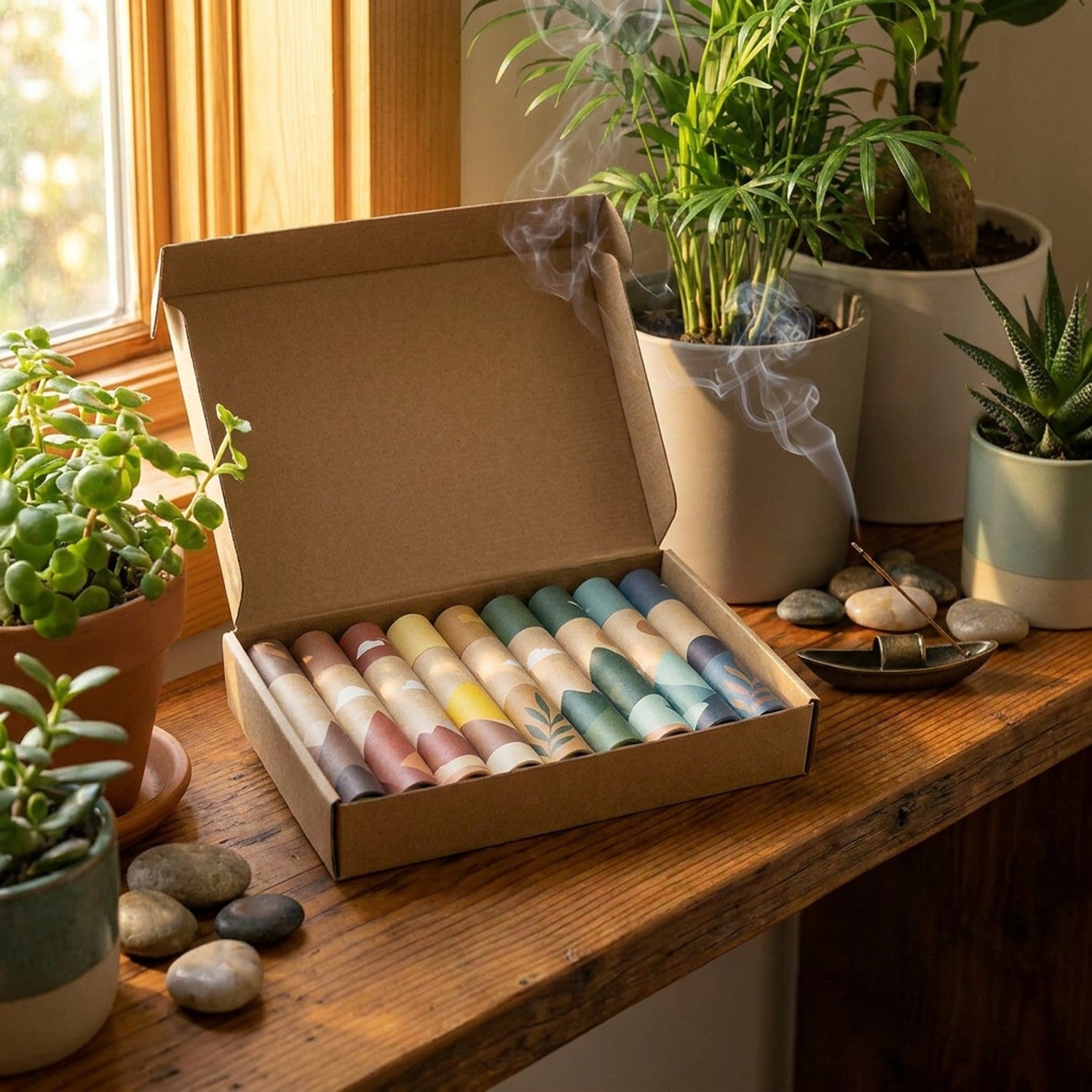 Coffret encens santal ambiance zen plantes bois lumière naturelle