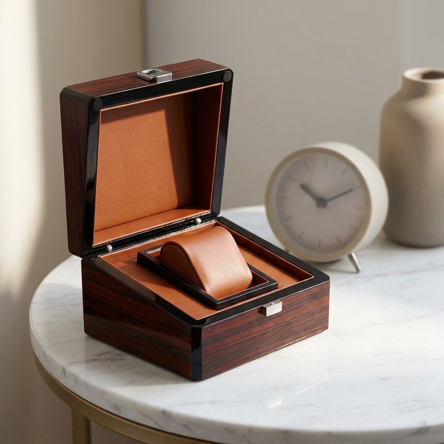 Coffret montre en bois laqué ouvert sur table de nuit en marbre, coussin cuir visible