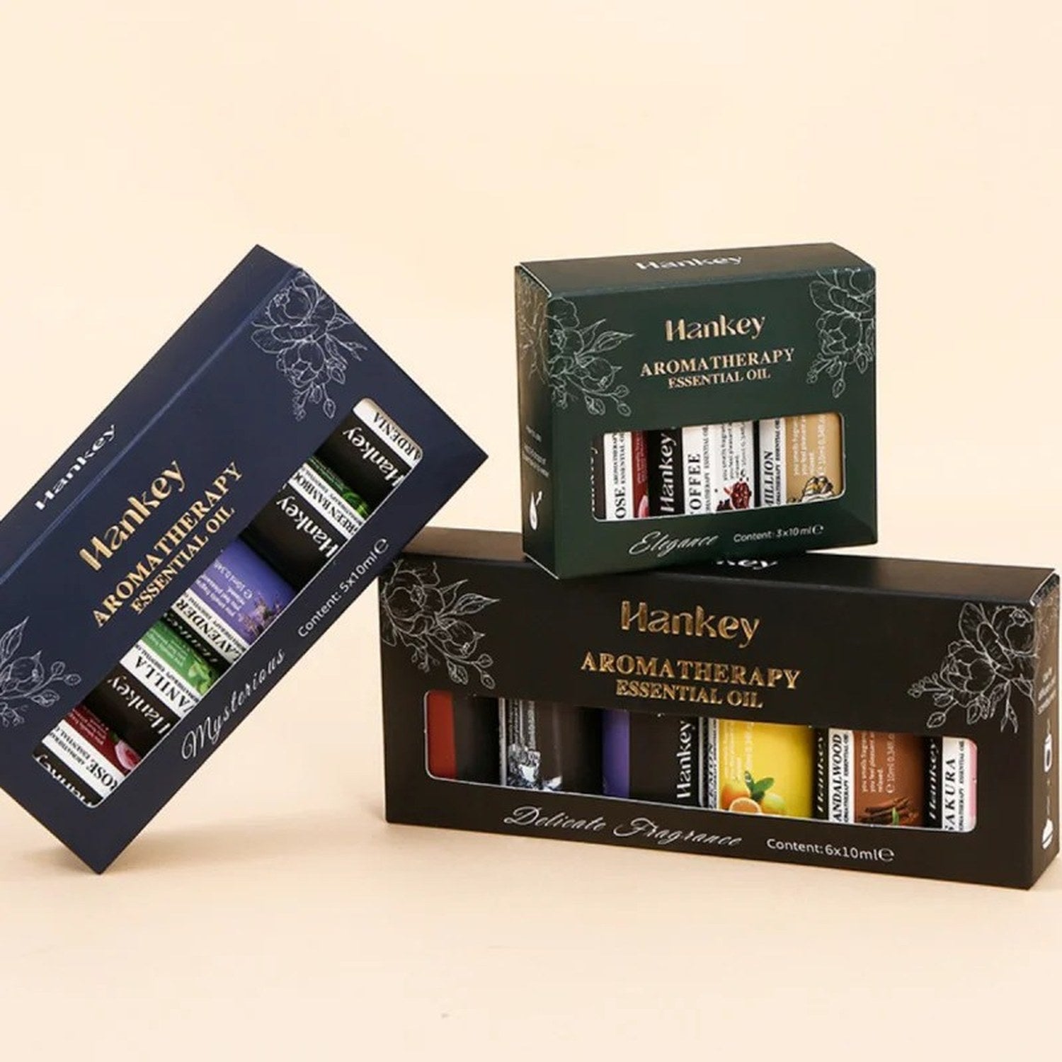 Coffrets huiles essentielles lot 3 5 et 6 pcs en vert bleu et noir