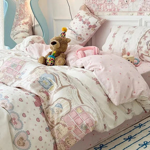 Housse de couette ourson vintage crème avec roses et nœuds brodés