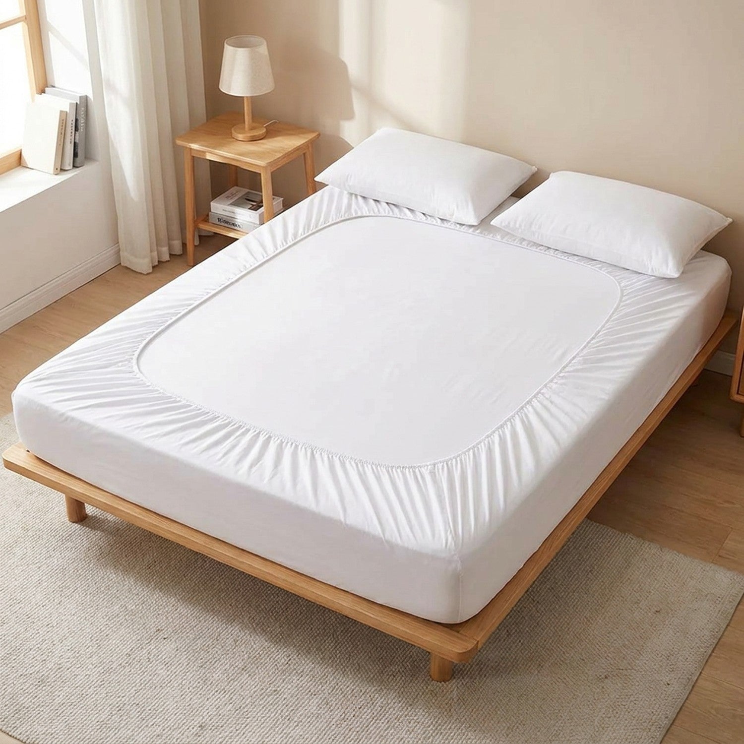 drap-housse en coton blanc posé sur un lit dans une chambre lumineuse