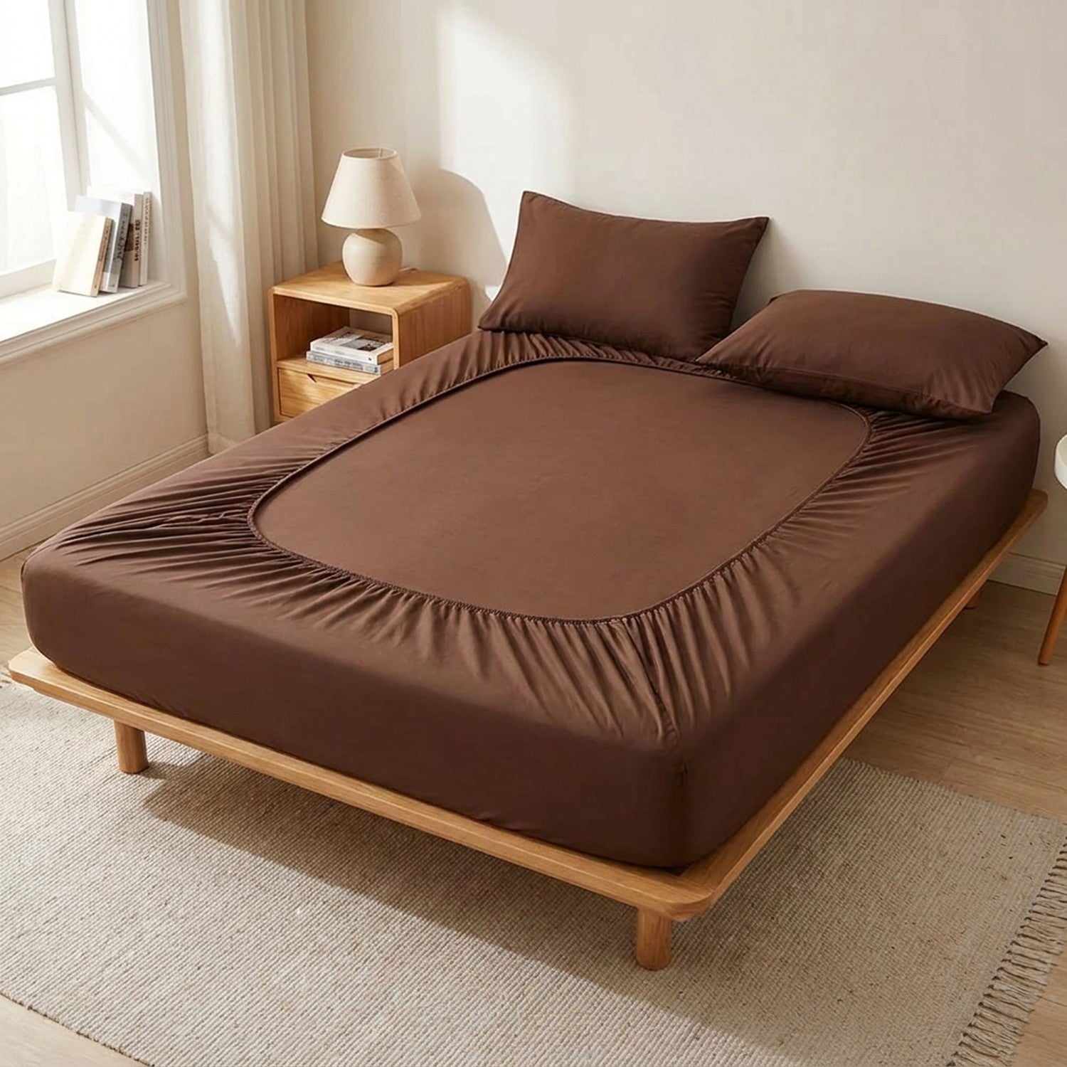 drap-housse en coton marron sur un lit