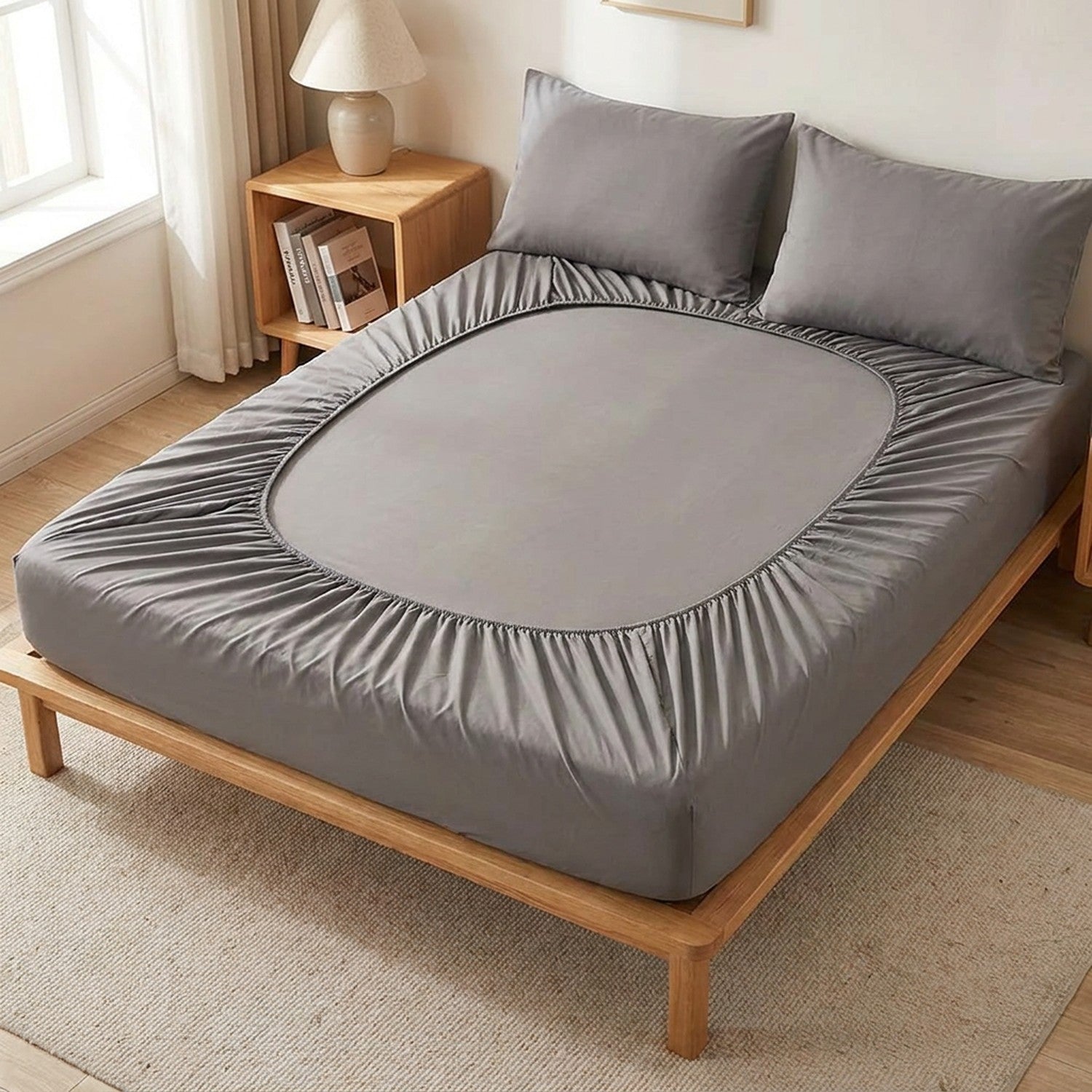 drap-housse en coton gris sur un lit